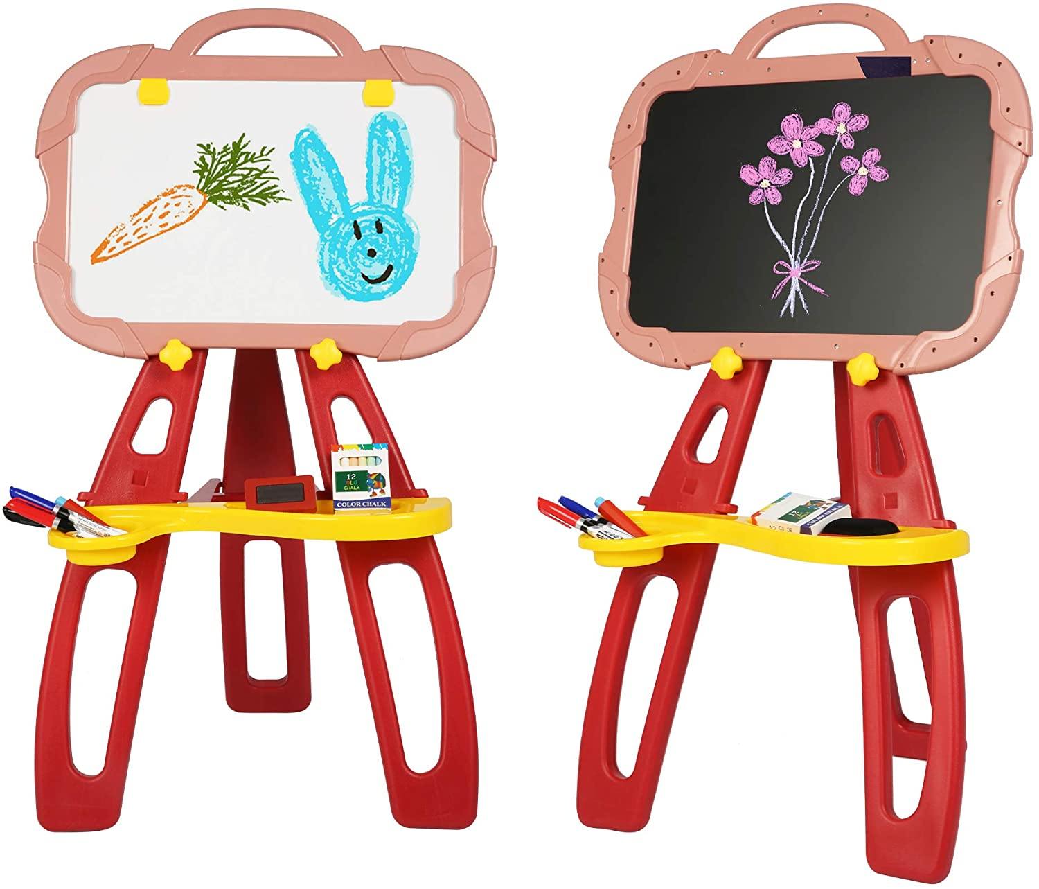 Standing Easel Board For Kids, 3 in 1 Dry Erase White Board, Magnetic Board And Chalkboard Art Activity Drawing With Extra Accessories For Kids, Red - Bosonshop