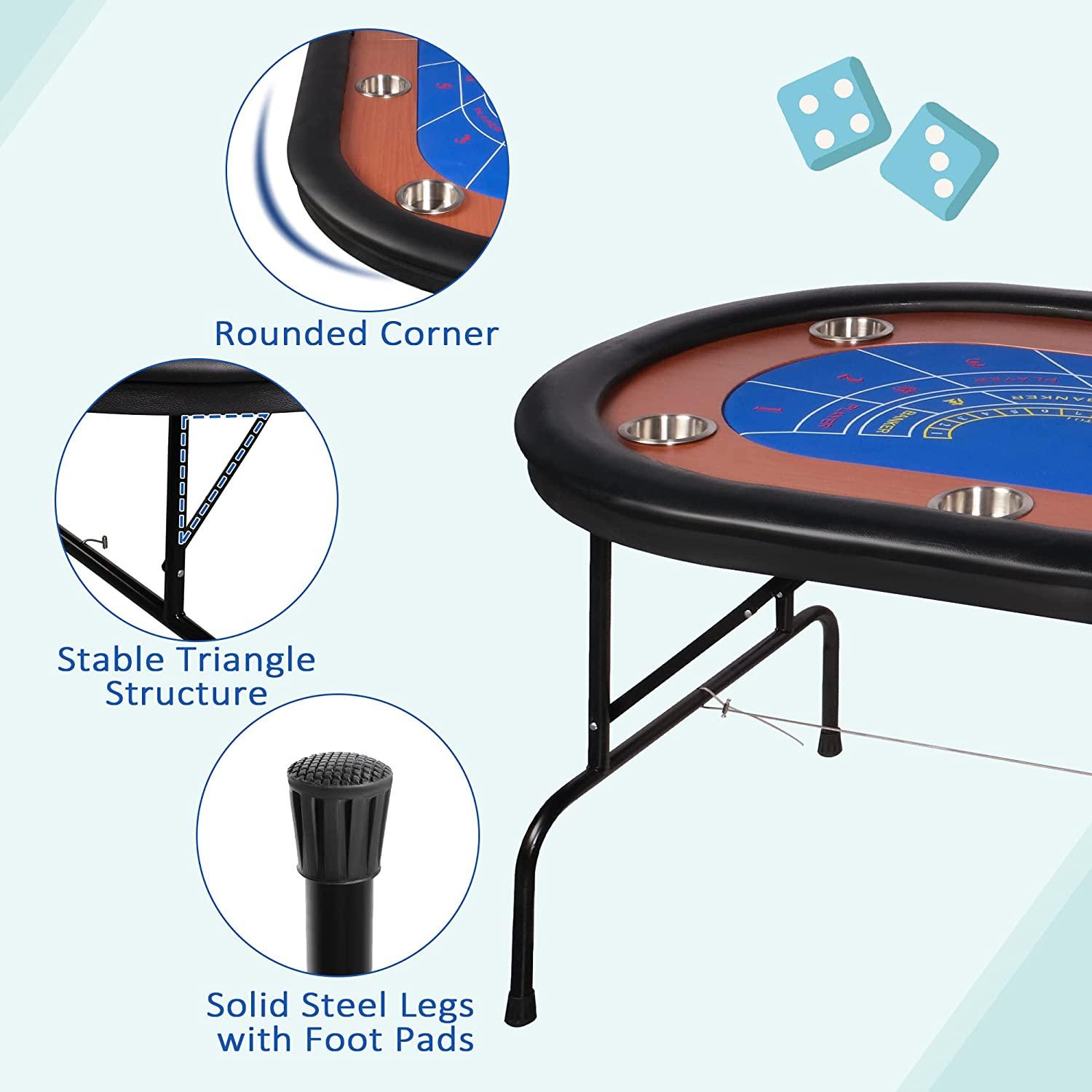 Foldable Poker Table w/Stainless Steel Cup Holder Casino Leisure Table Blue Felt Surface - Bosonshop