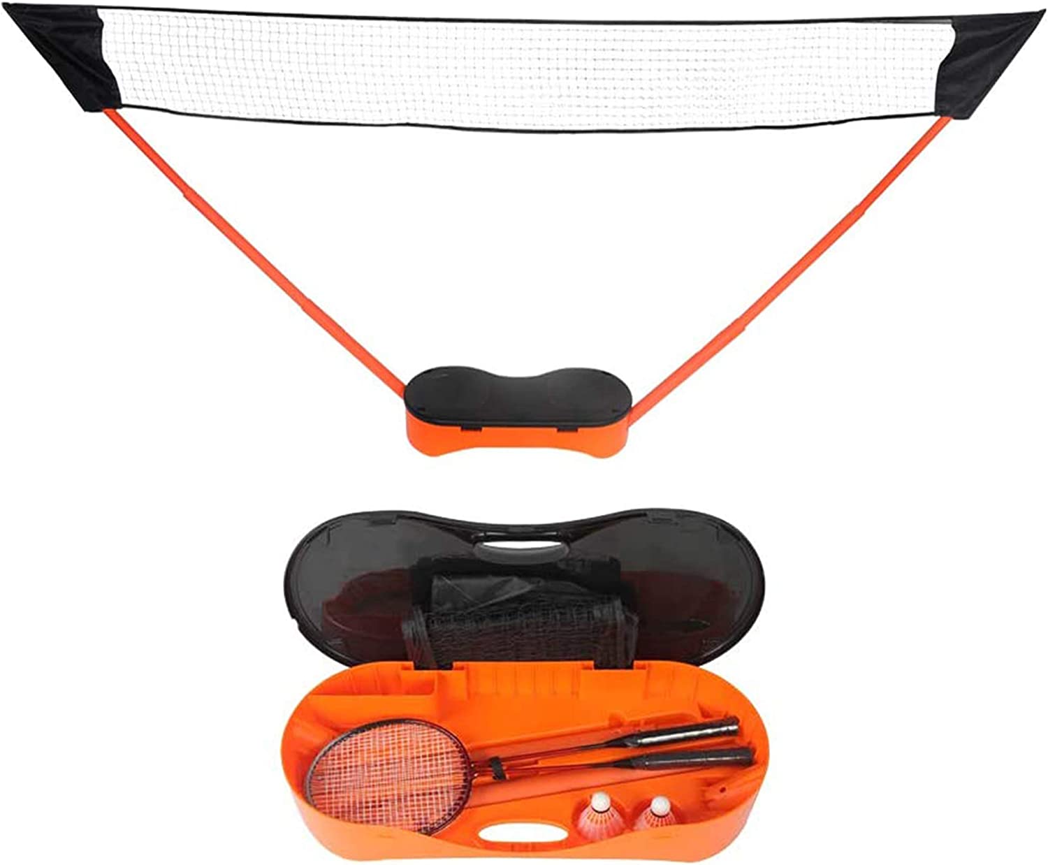 Portable Badminton Net Set Storage Box Base with 2 Battledores 2 Shuttlecocks Large, Orange - Bosonshop
