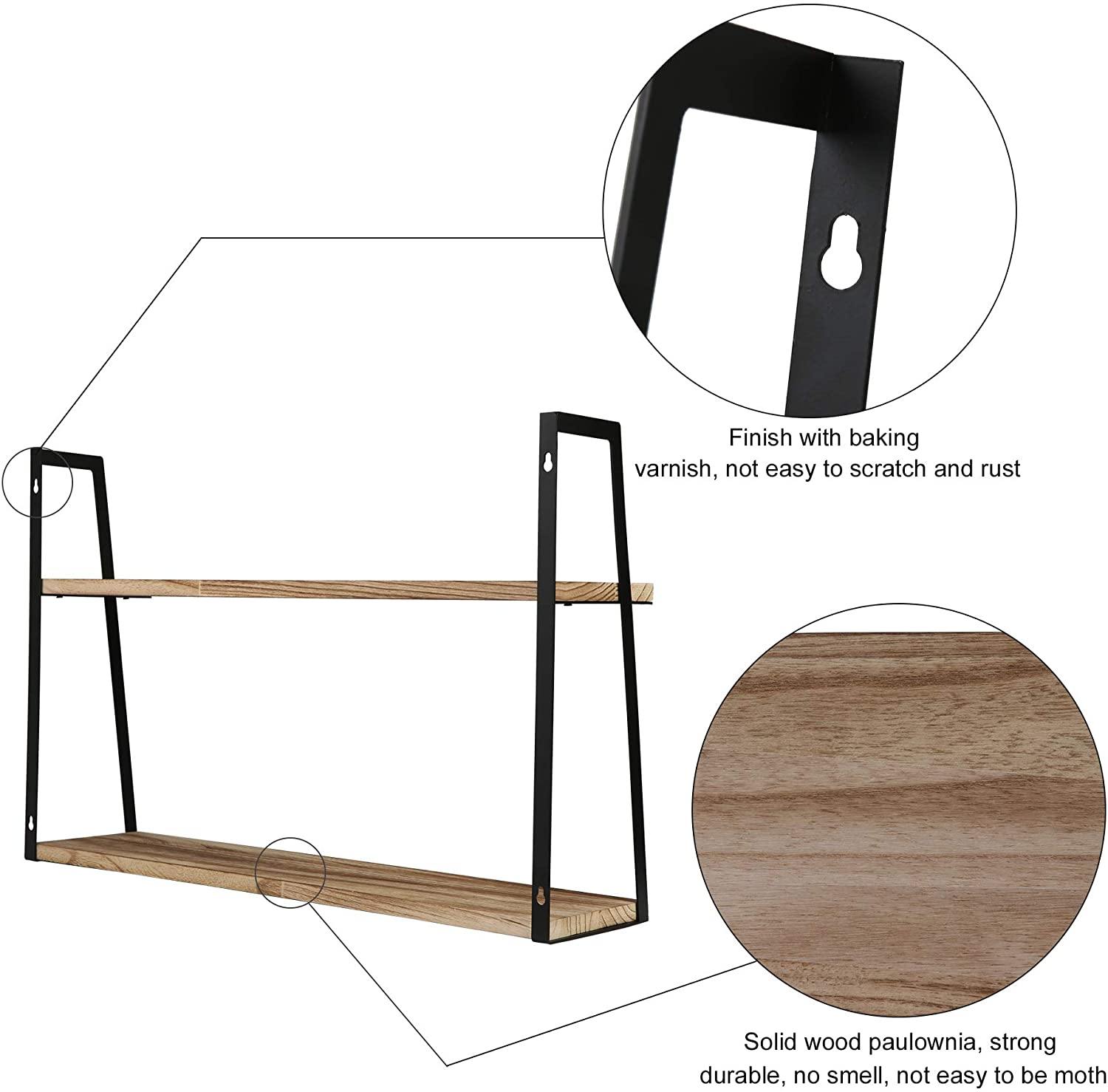 Floating Wall Shelves Rustic 2-Tier Floating Shelf for Bathroom Bedroom Living Room Kitchen |Easy to Install, Black Metal Frame - Bosonshop