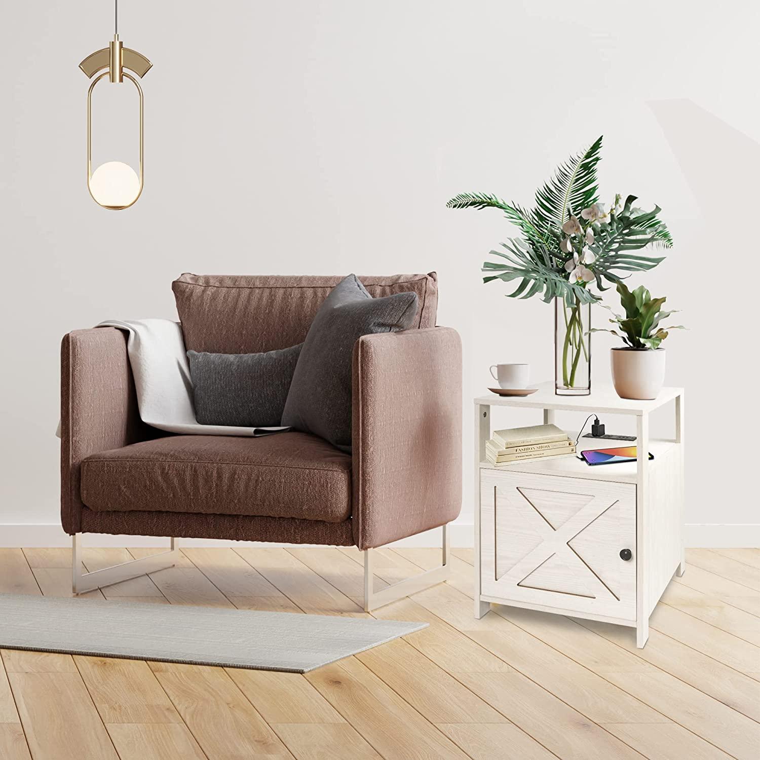 Modern Nightstands with Charging Station Wooden Sofa Side Storage Stand Cabinet Set of 2 Large Capacity Storage End Table with Open Shelf (Creame White 2 PC) - Bosonshop