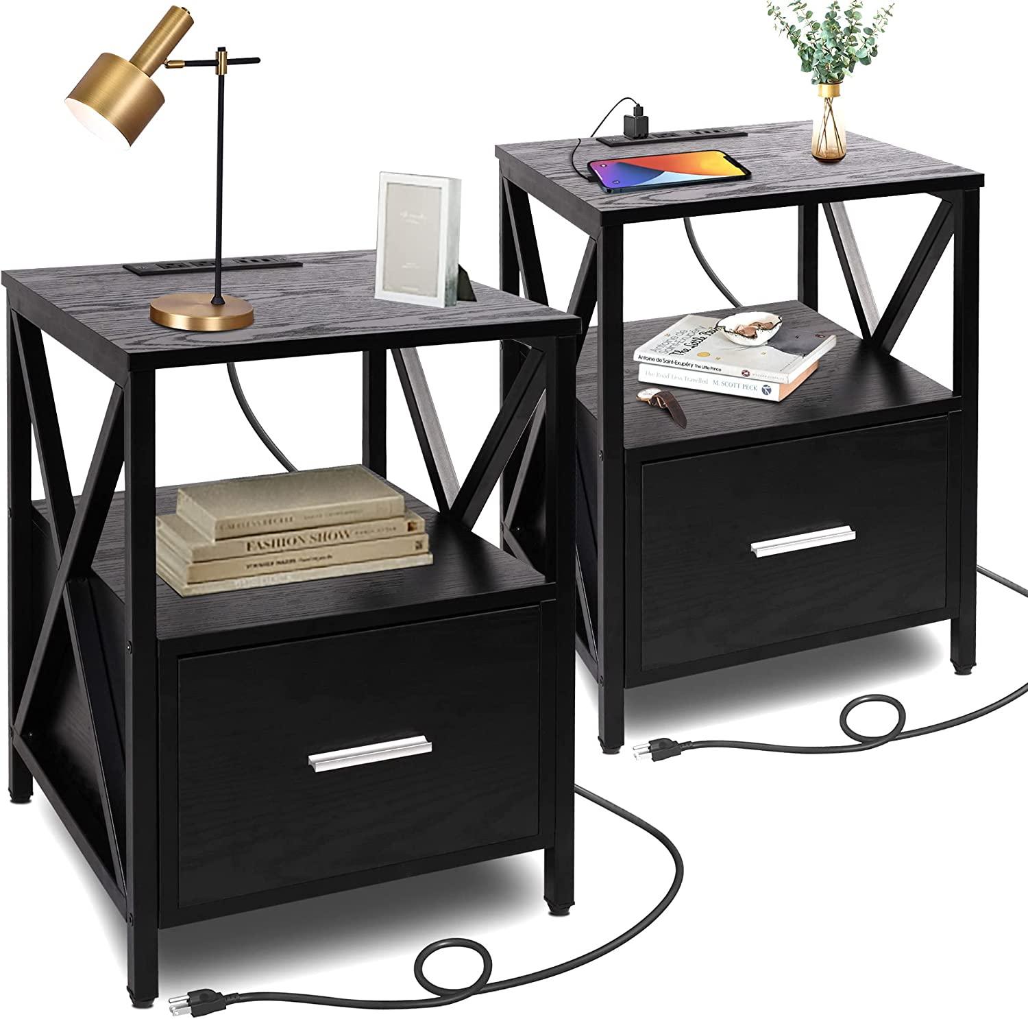 Nightstand Set of 2 Side Table with Charging Station USB Drawer Storage Night Stand BedSide Table with Drawer End Side Table with Storage Wood Accent Table (Black 1 Drawers 2 PC) - Bosonshop
