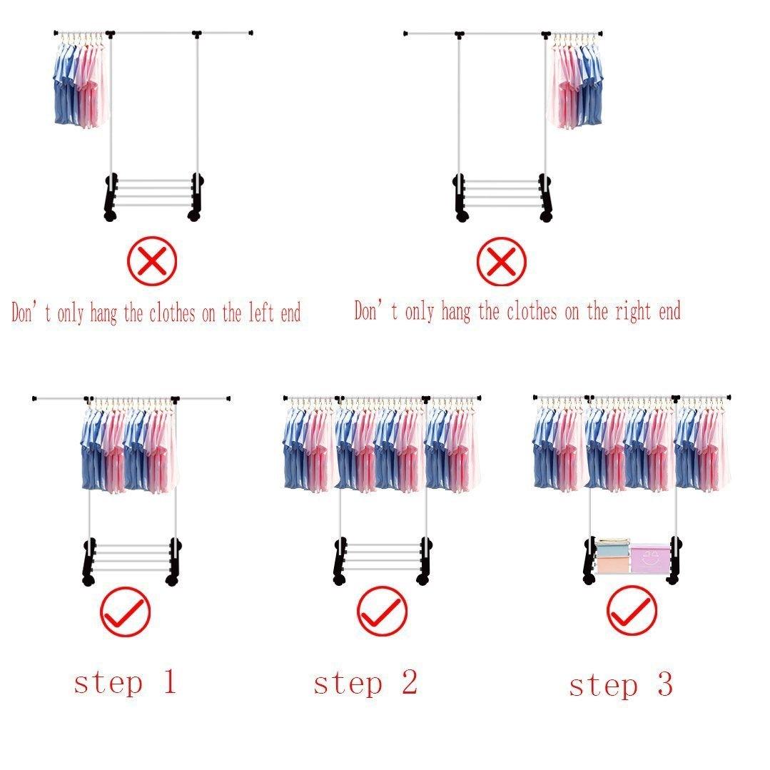 Bosonshop Portable Single Rod Extendable Clothes Rack Adjustable Garment Rack with Wheels 3 Tiers Storage Shelves