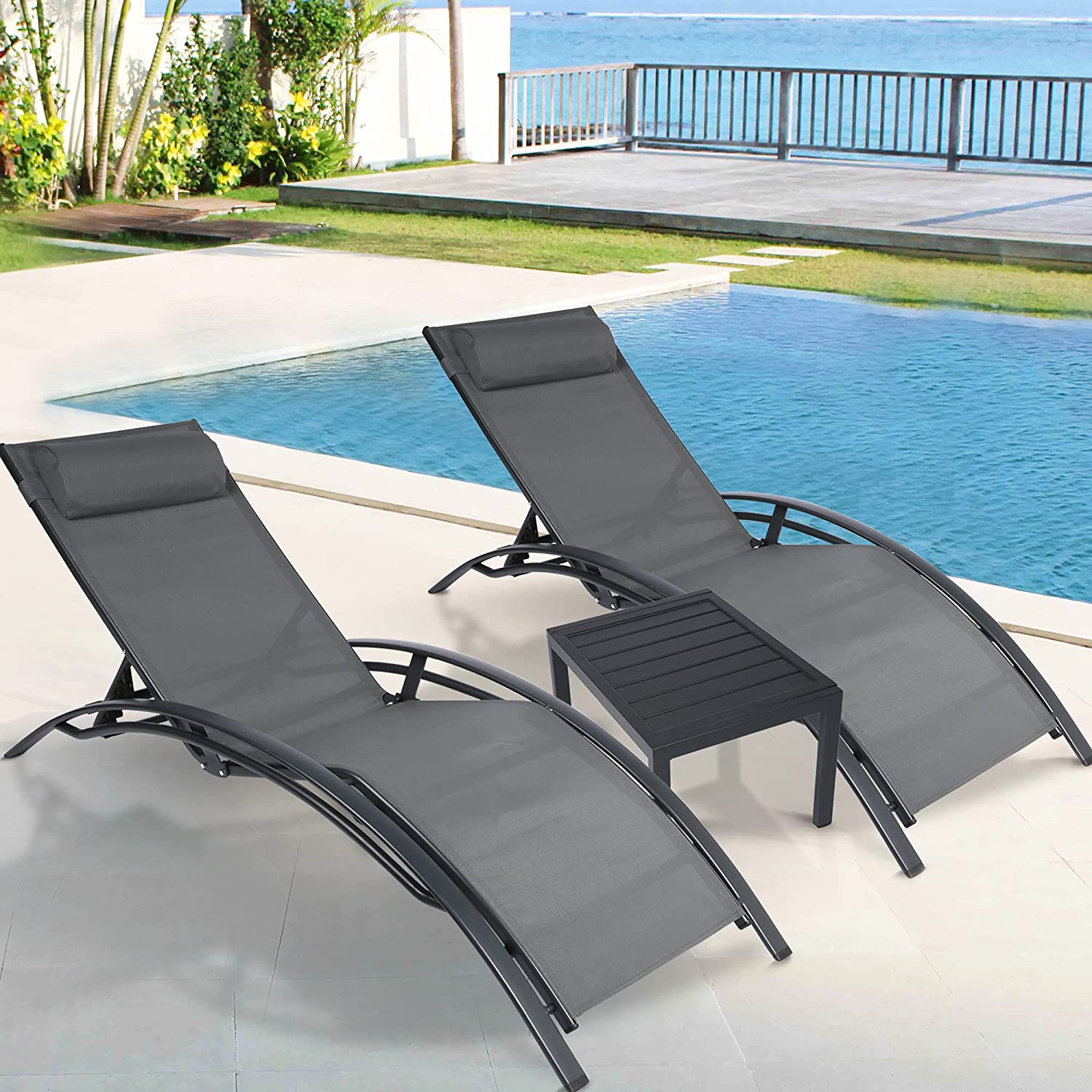 Set of 2 Chaise Lounge Chair w/Tea Table, Aluminum Patio Lounge Chair Reclining 4 Adjustable Back Position w/Removable Cushions - Bosonshop