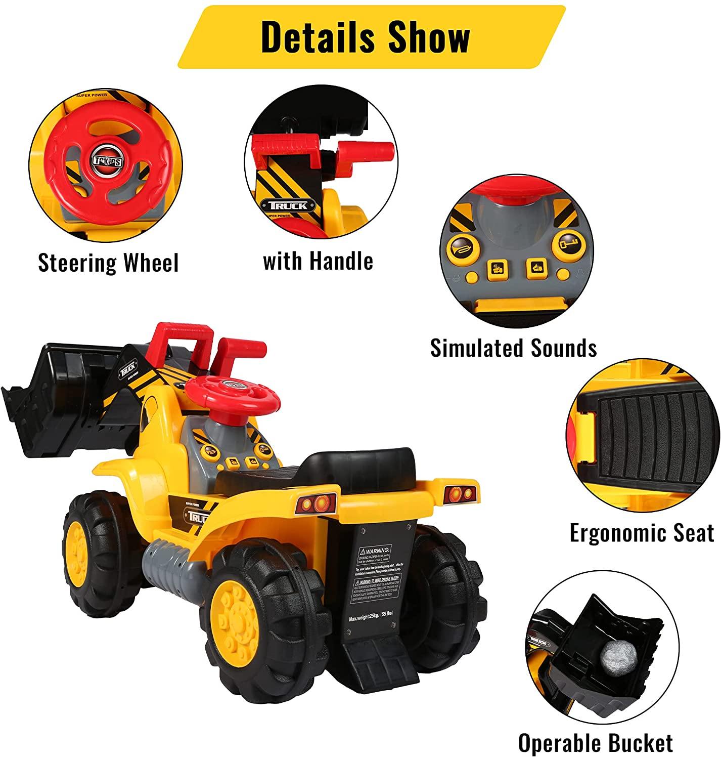 Kids Toddlers Ride-on Bulldozer Toy with Simulated Sounds Boys Construction Truck Vehicle with Bucket, Steering Wheel, Helmet, Rocks - Bosonshop