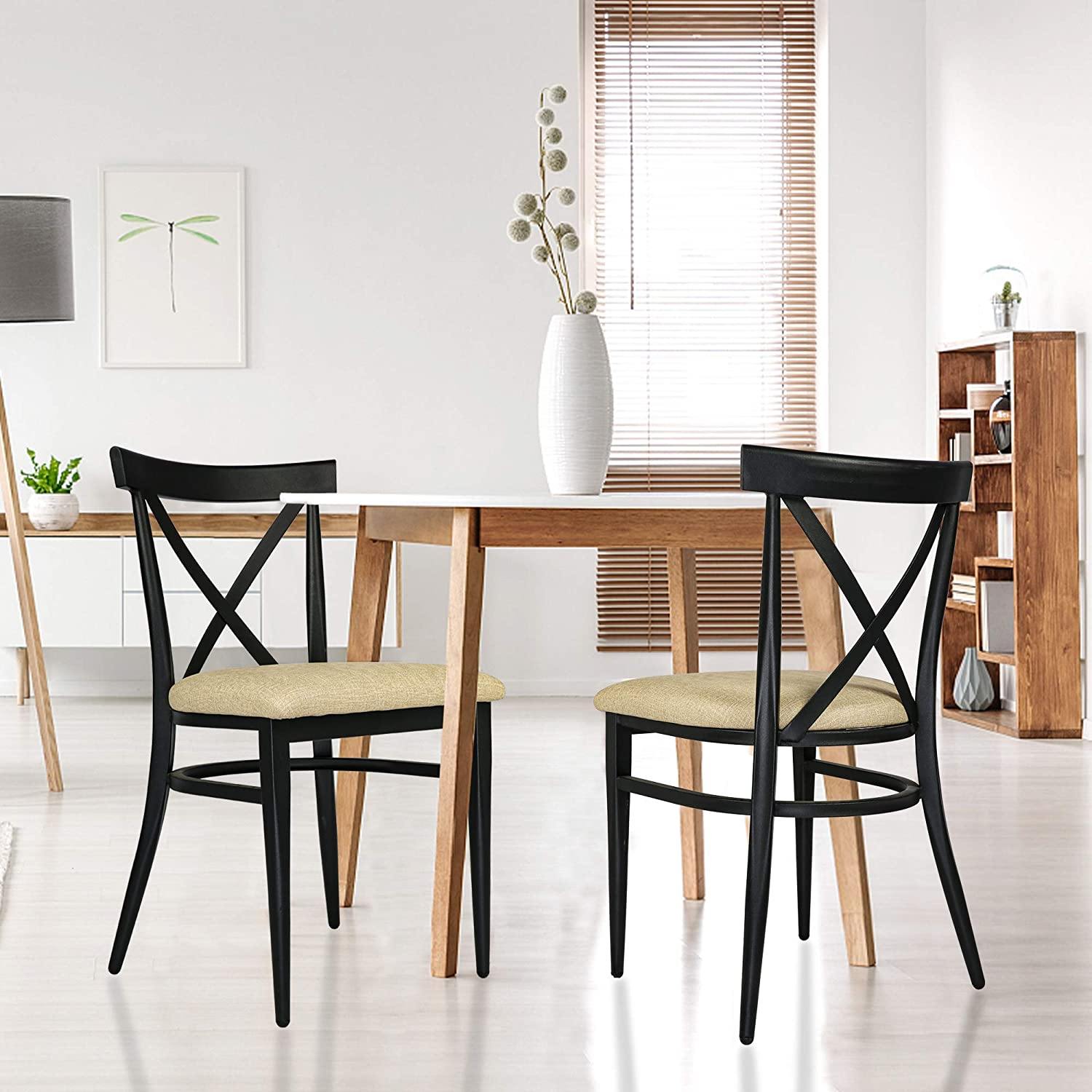 Crossback Dining Chairs Set of 2, Industrial Side Modern Metal Upholstered Chair With PU Leather Seat & X-Shaped Back, Beige & Black - Bosonshop