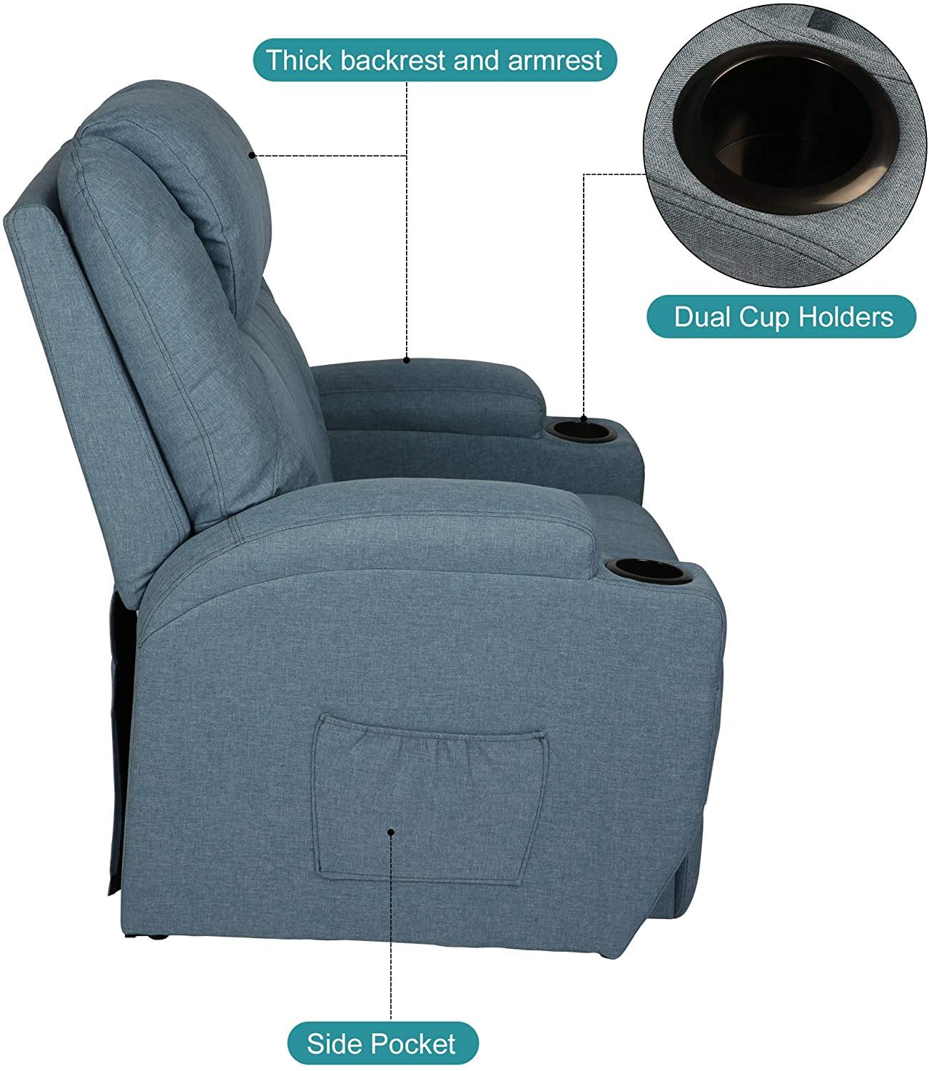 Single Recliner Chair with Massage & Heating Ergonomic Lounge Massage Sofa Power Lift with 2 Cup Holder Home Theater Seat, Fabric, Blue - Bosonshop