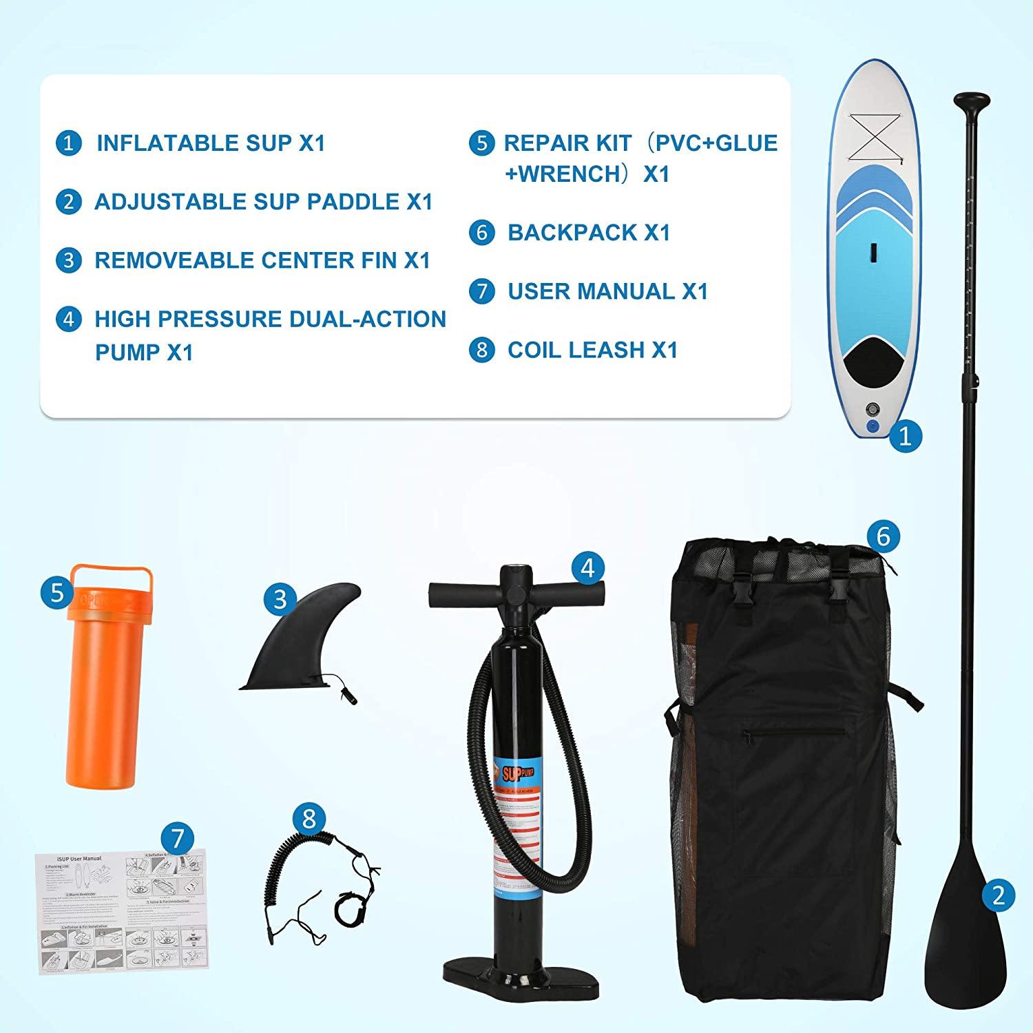 Inflatable Stand Up Paddle Board W SUP Accessories & Backpack Leash Double Action Hand Pump Repair Kit for Youth & Adult - Bosonshop