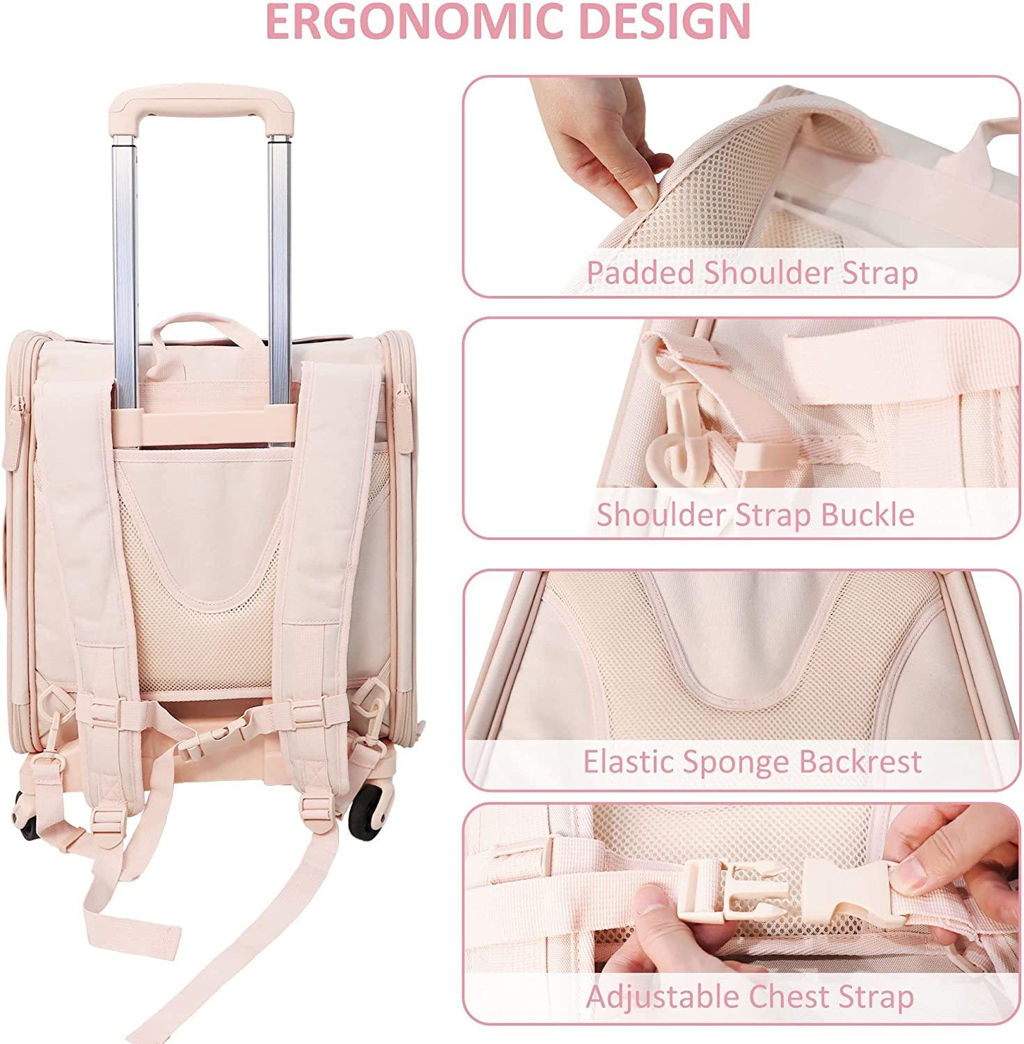 Cupets Pet Carrier with Wheels, Airline Approved Foldable Cat Carrier Backpack Bag, Pink - Bosonshop