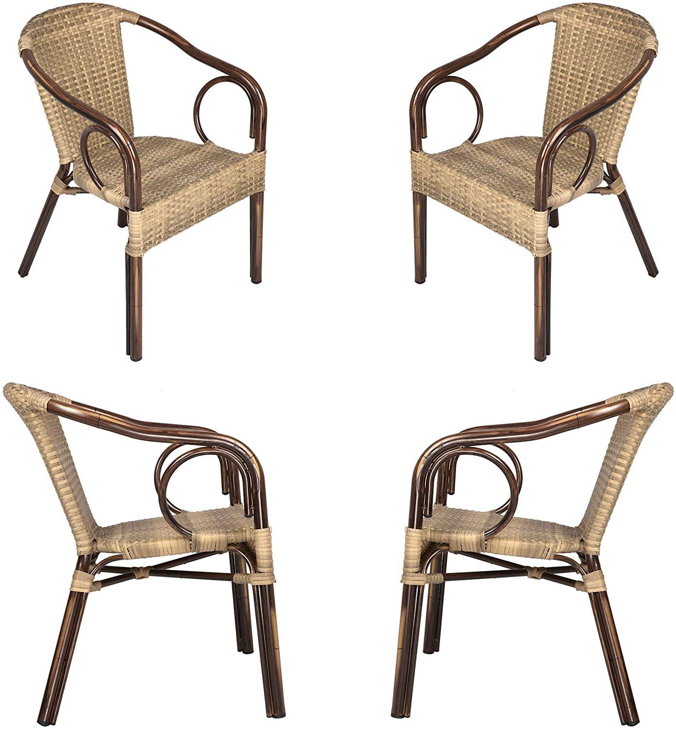 Outdoor Patio Dining Chairs, Handmade PE Rattan Wicker Armchair with Aluminum Alloy Frame, Set of 4, Brown and Beige - Bosonshop
