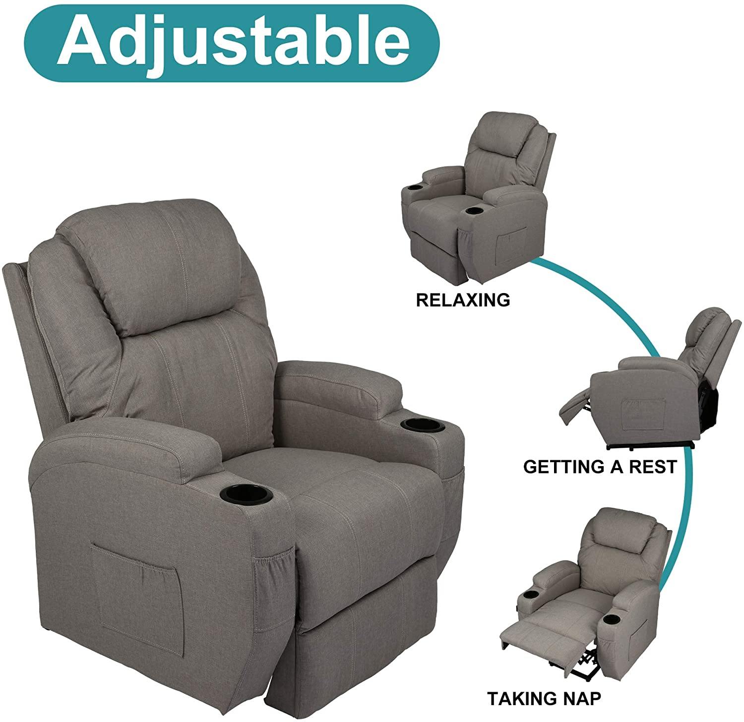 Single Recliner Chair with Massage & Heating Ergonomic Lounge Massage Sofa Power Lift with 2 Cup Holder Home Theater Seat, Fabric, Grey - Bosonshop