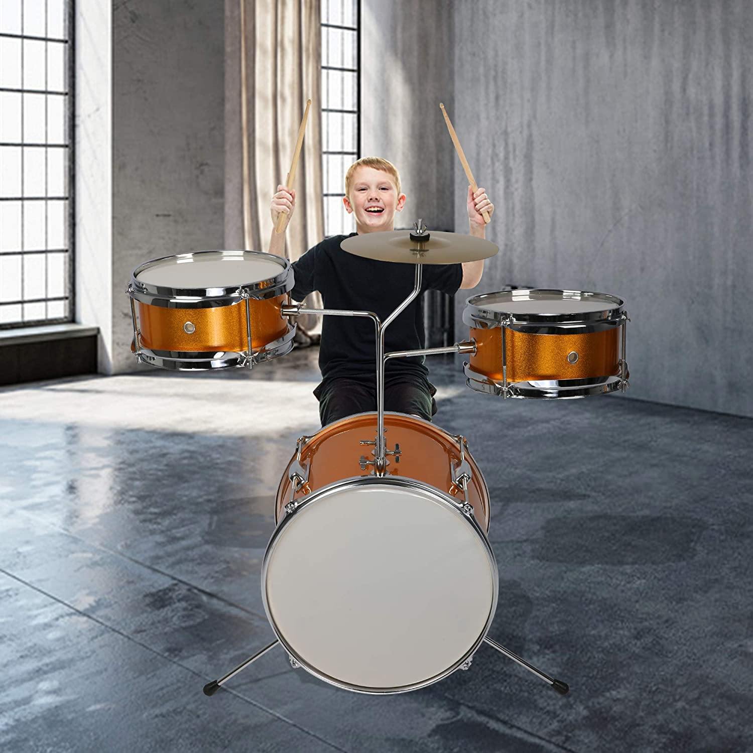 Kids Drum Set 3-Piece Junior Musical Instrument Beginner Kit with 13" Bass, Cymbals, Pedals, Drumsticks, Stool - Easy to Assemble - Bosonshop