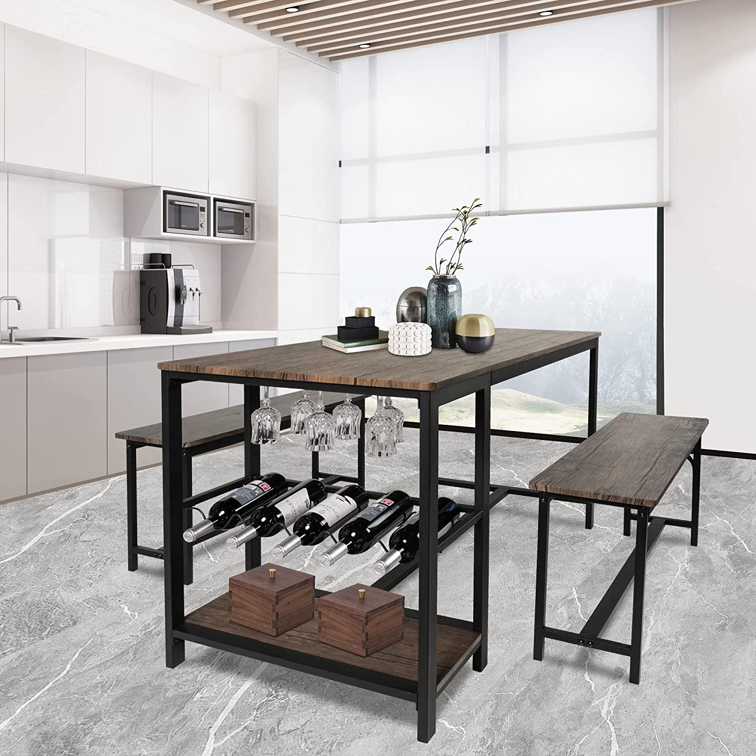 3 Piece Kitchen Table Set with Bench Dining Table Set for 4 Kitchen Dining Room Small Spaces Compact w/Storage Shelf Rack, Wine Rack - Bosonshop