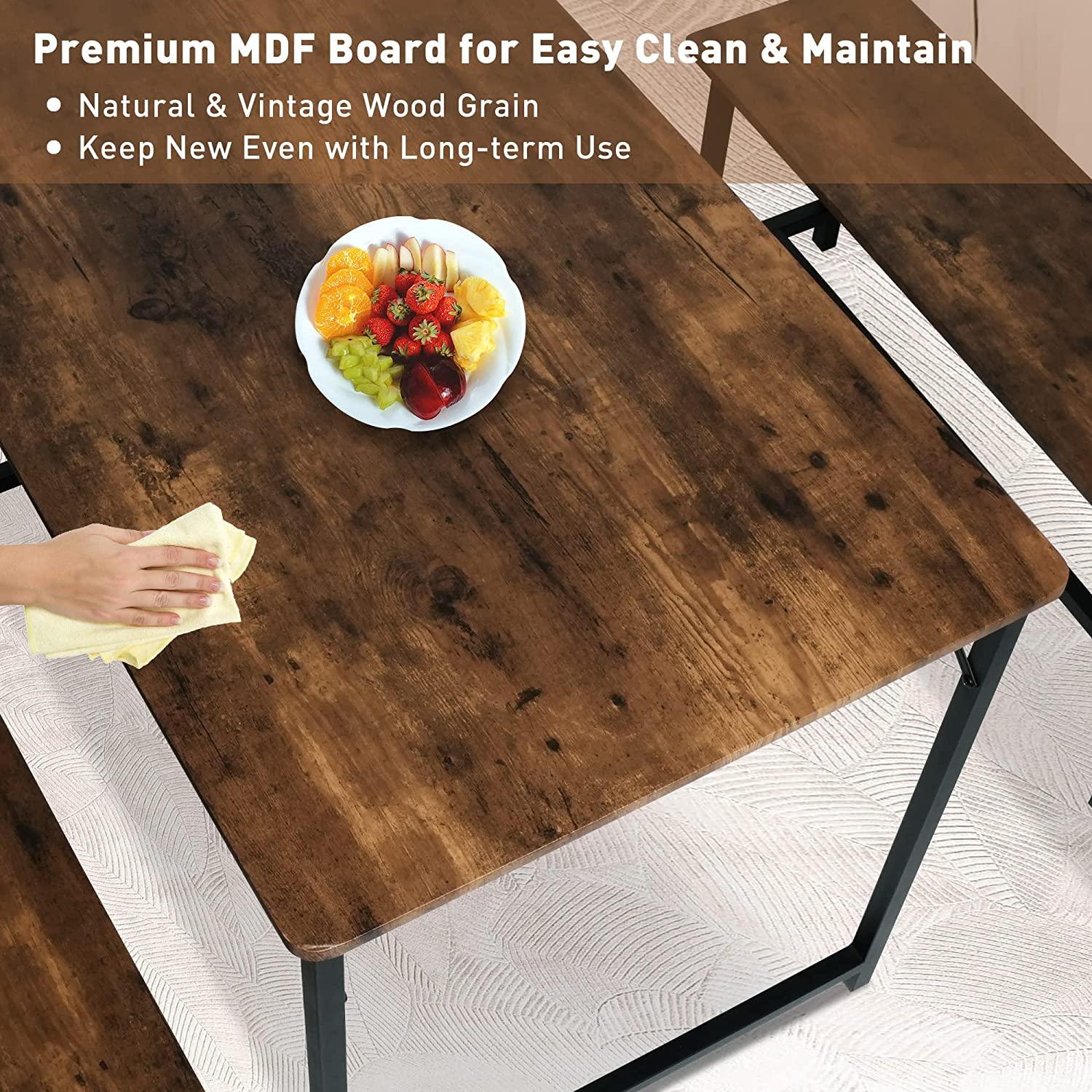 3 Piece Kitchen Table Set with 2 Benches, Wood Dining Table Set for 4 Space-Saving Dinette for Kitchen, Rustic Brown - Bosonshop