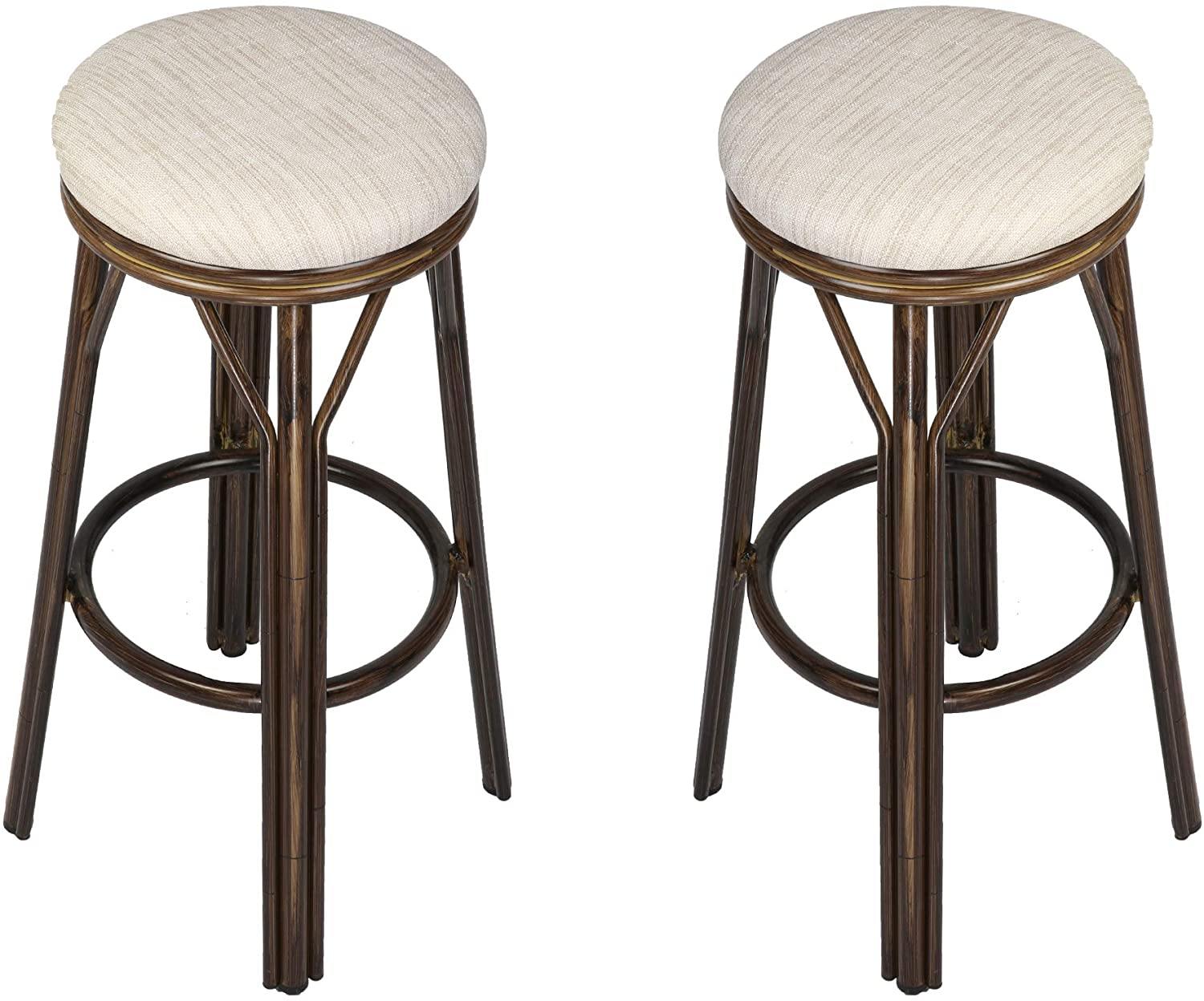 Set of 2 Bar Stools Counter Height Bar Chairs With Footrest Round Top Pub Bistro Kitchen Dining Chair Beige PU Leather Kitchen Stool - Bosonshop