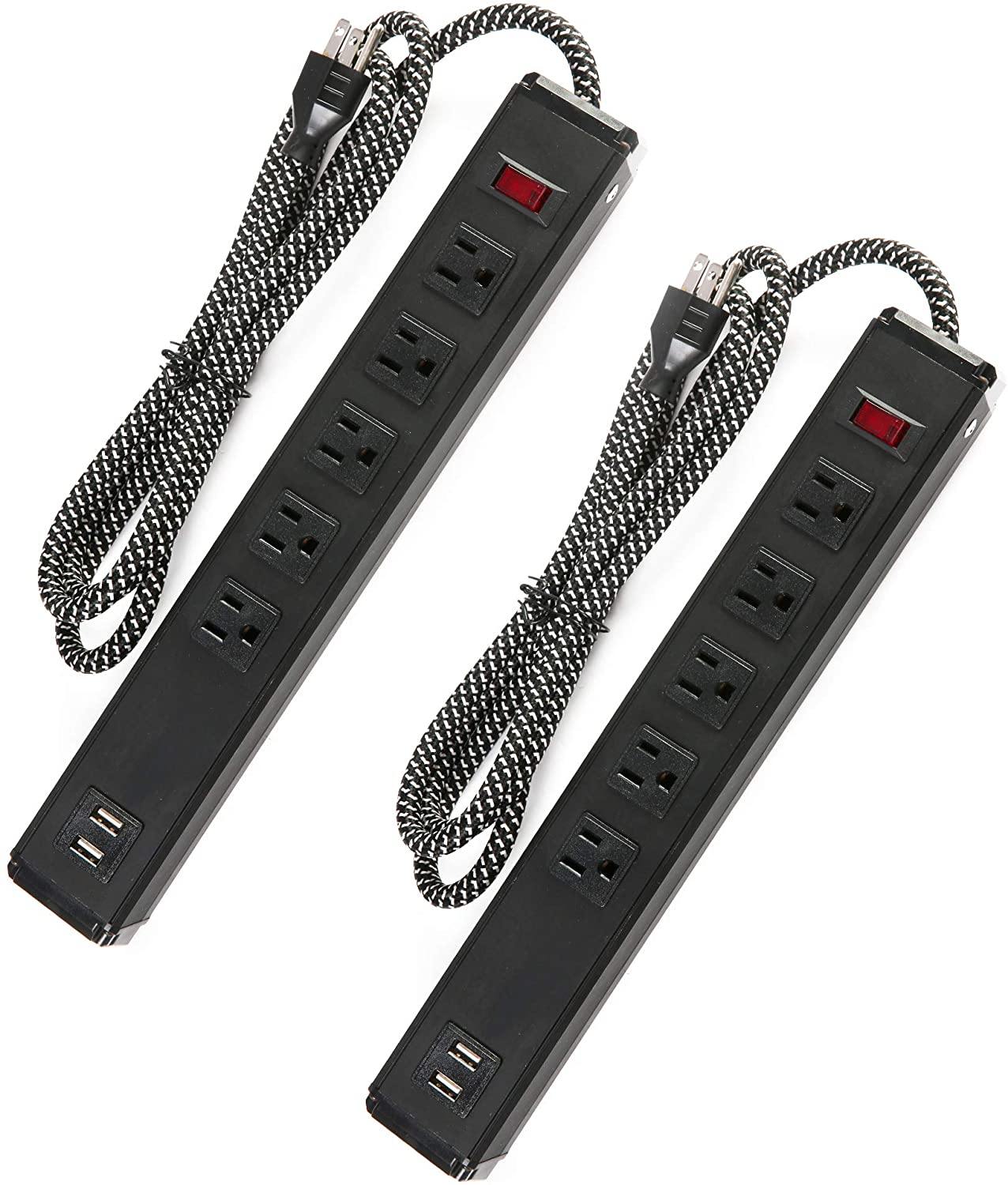 Power Strip 2PCS Surge Protector 5-Outlet with 2 USB Ports(5V/2.4A), 6ft Heavy-Duty Braided Extension Cords - Bosonshop