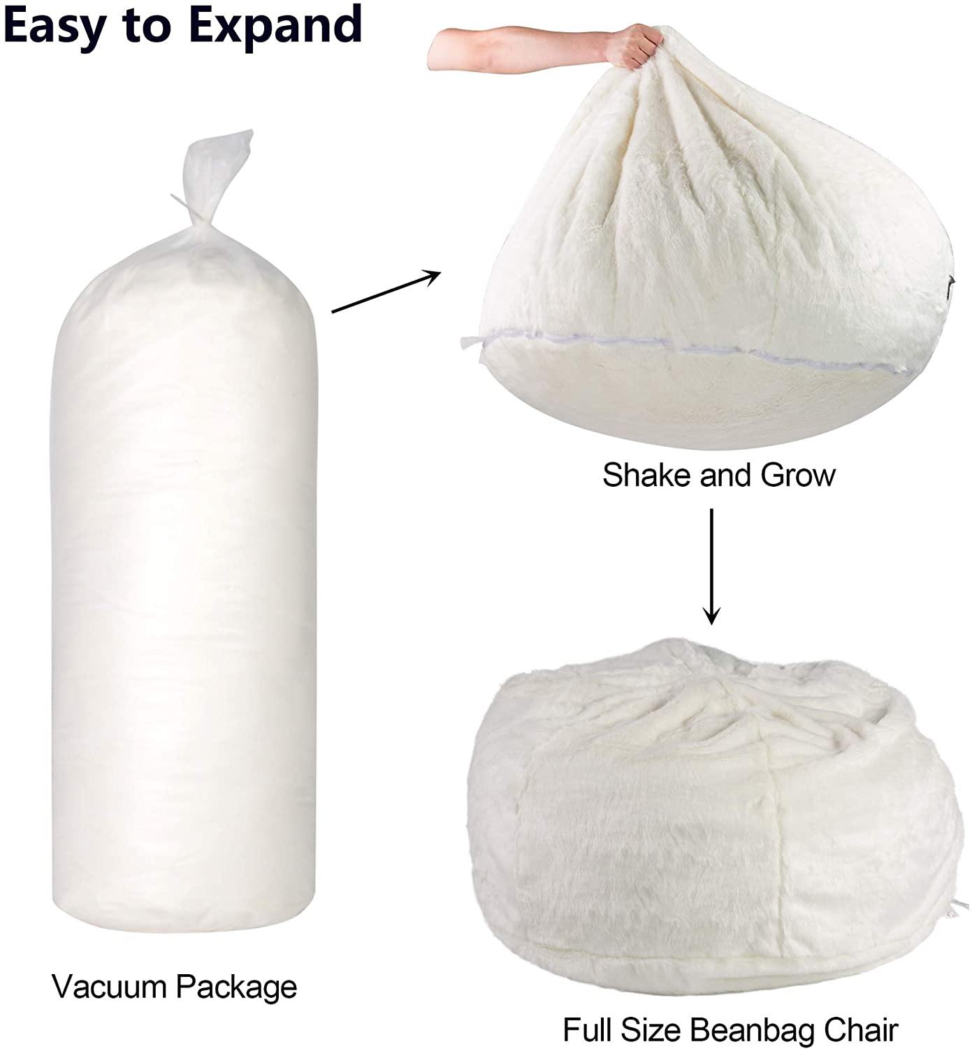 3FT Bean Bag Chair White Luxurious Furry Faux Fur Cover Soft Self-Inflated Beanbag Sofa Lounger for Adults Kids, Sponge Filling - Bosonshop