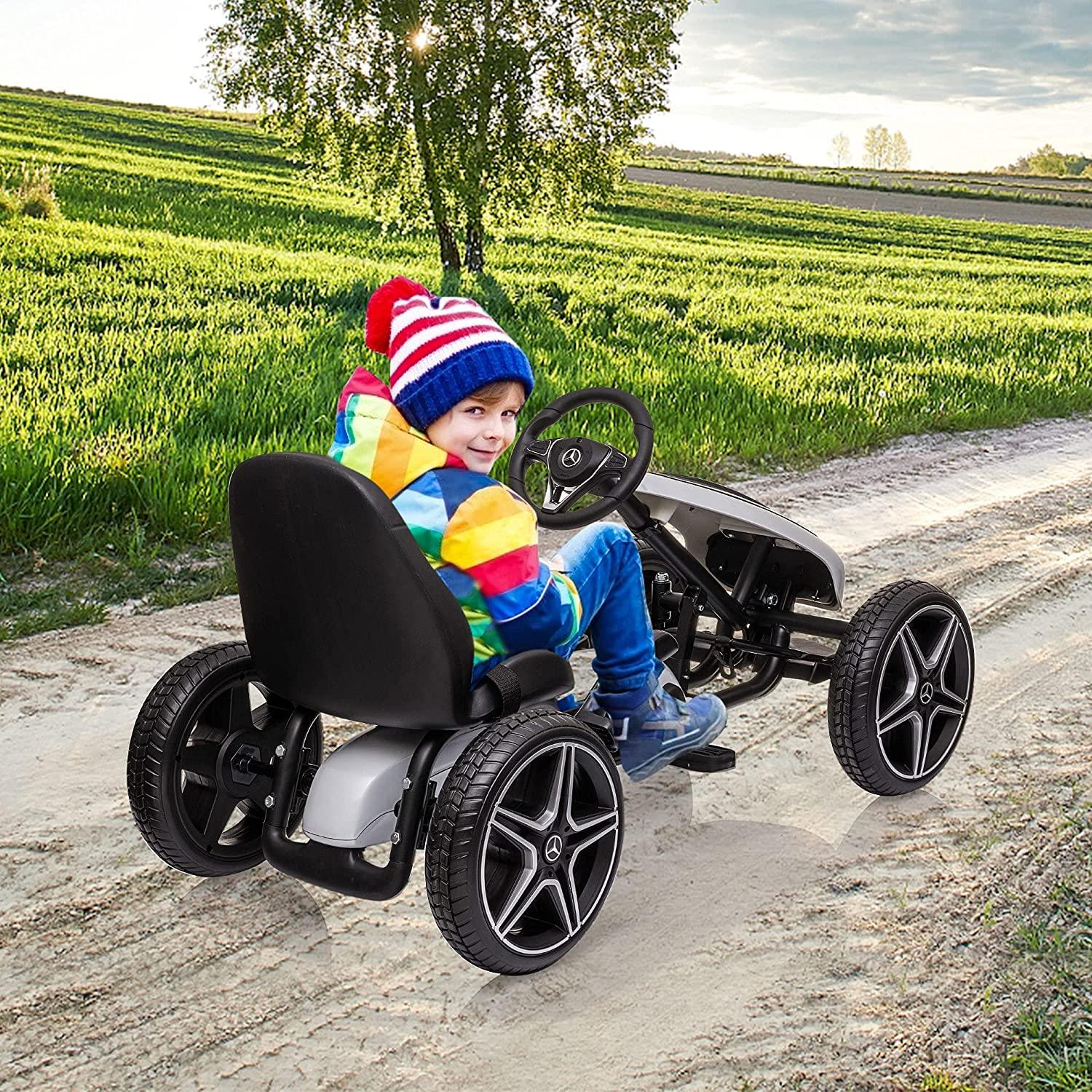 Mercedes Benz 4 Wheel Kids Pedal Powered Bike Go Kart, Outdoor Play Toy Racer Car, White - Bosonshop