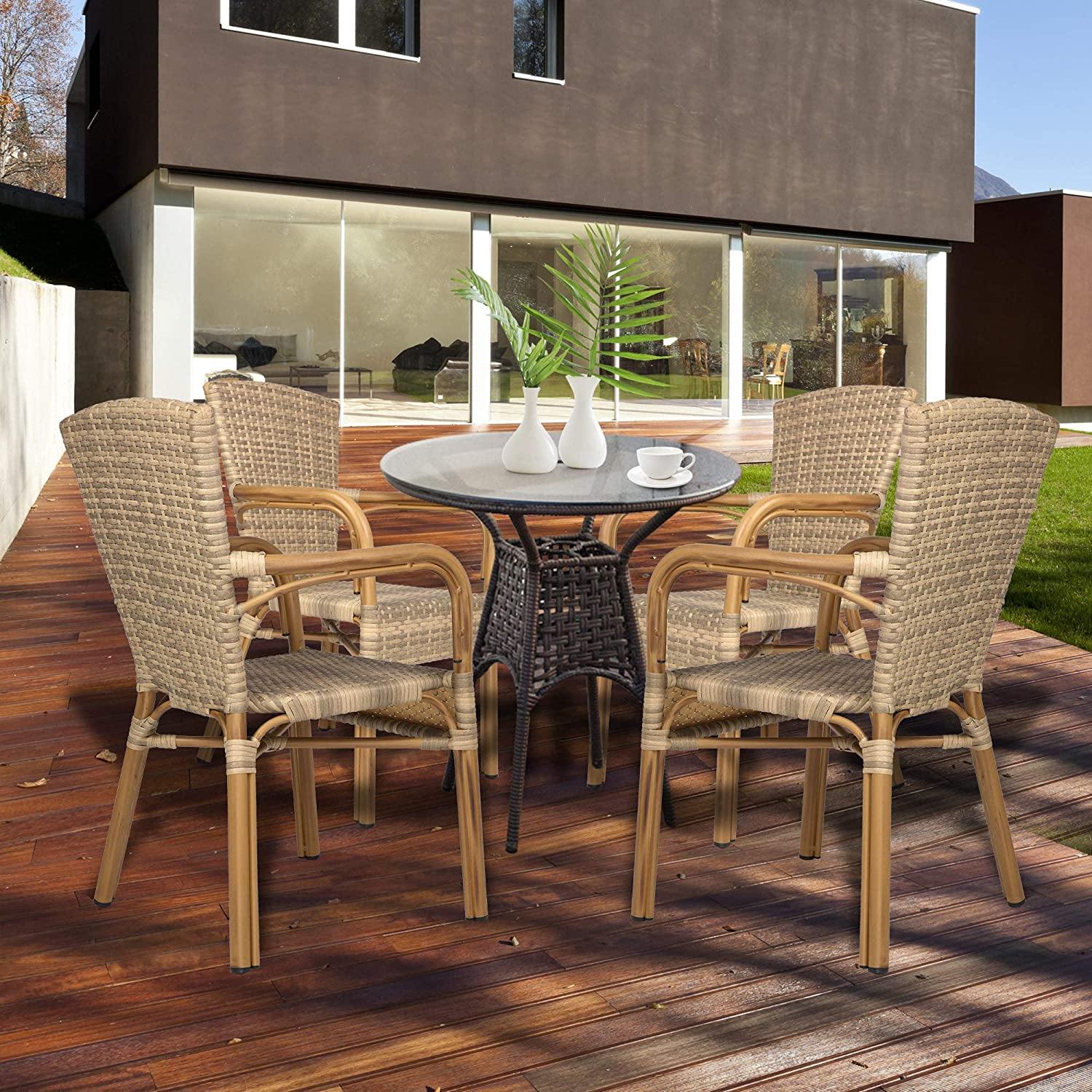 Patio Outdoor/Indoor Dining Chairs, Handmade PE Rattan Wicker Chair with Aluminum Alloy Frame, Set of 4, Black and Beige - Bosonshop