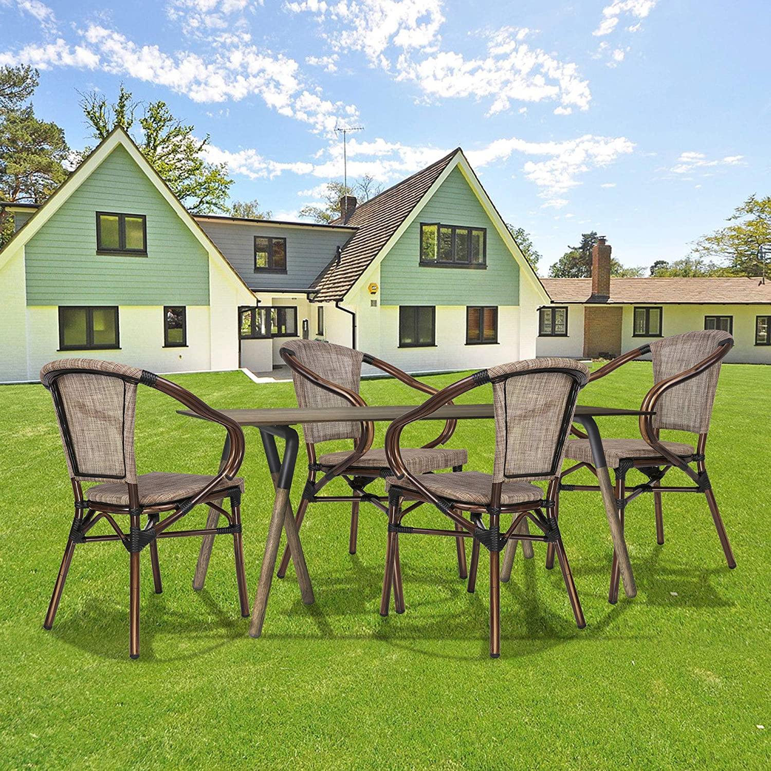 Patio Leisure Chair Set of 4 Outdoor Dining Chairs Patio Furniture, Indoor/Outdoor Restaurant Stack Chair Set, Grey & Brown - Bosonshop