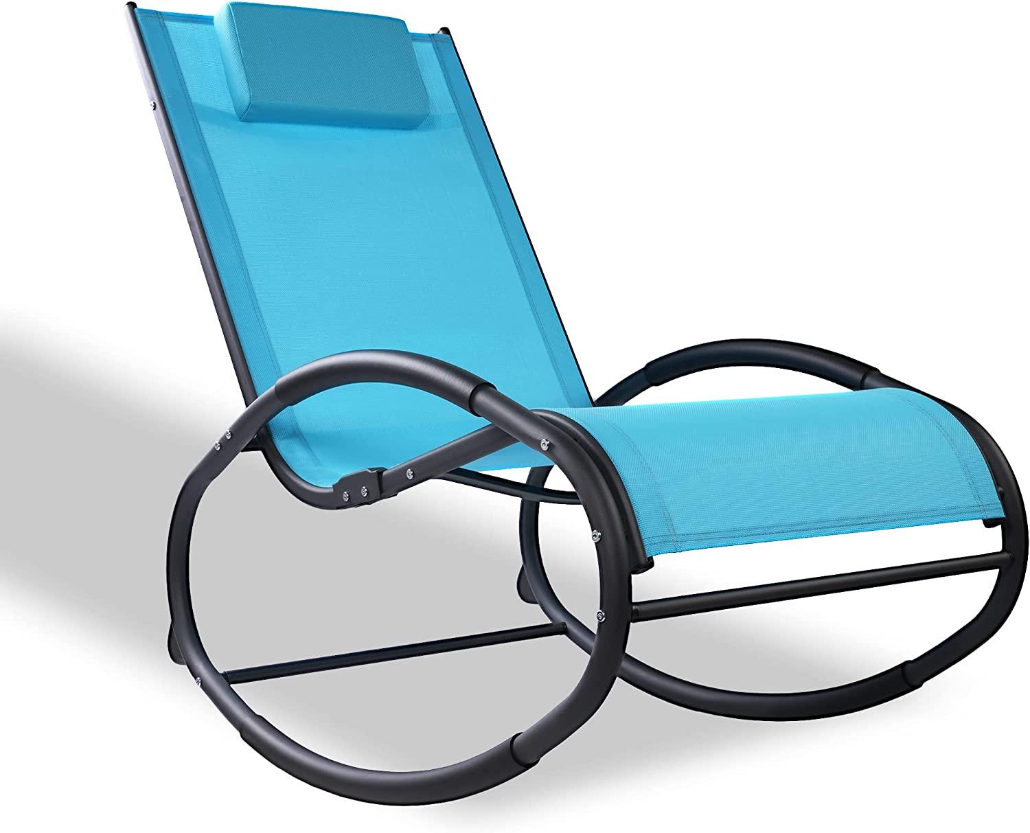 (Out of Stock) Patio Rocking Lounge Chair, Outdoor Curved Rocker Chaise with Removable Pillow, Blue - Bosonshop