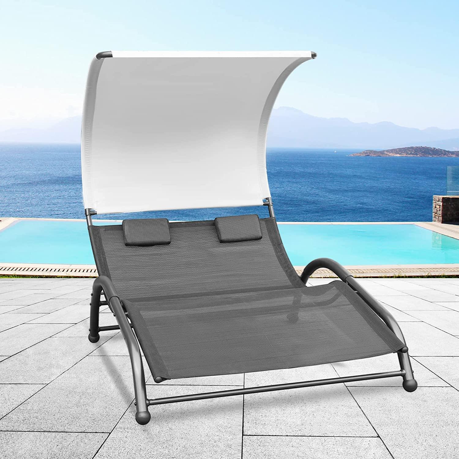 Outdoor Double Chaise Lounge Bed Chair with Canopy & Both Removable Pillows - Bosonshop