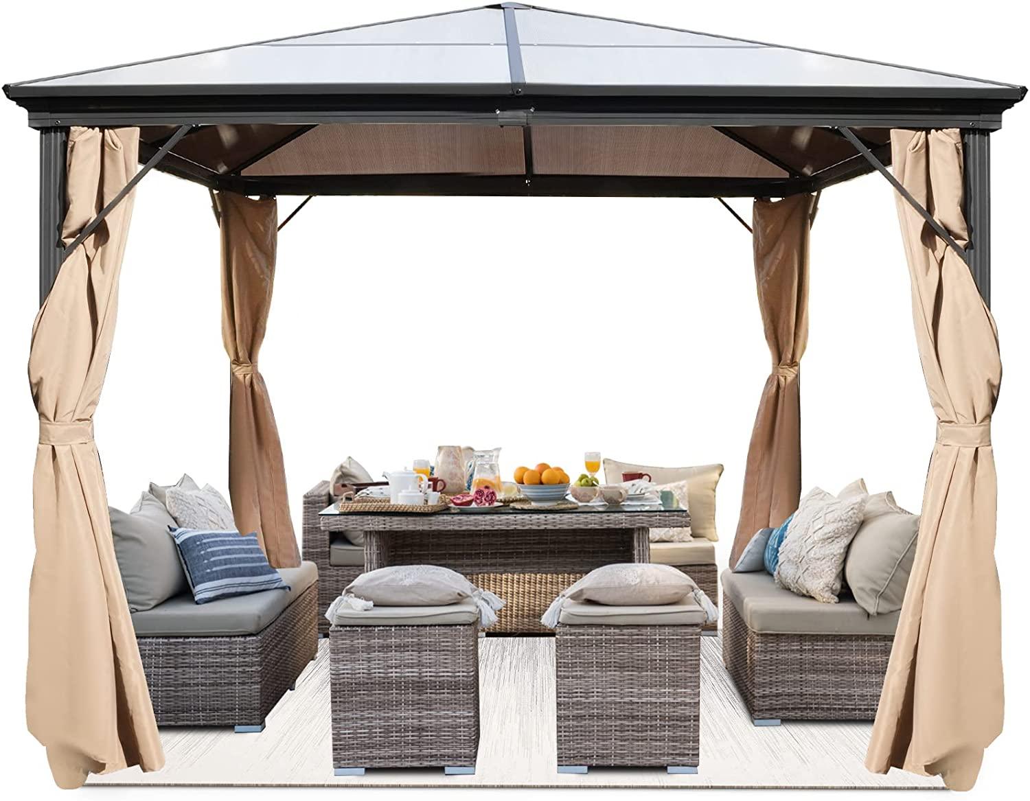 10x10 FT Hardtop Outdoor Gazebo, Aluminum Frame Polycarbonate Hardtop Garden Tent with Curtains & Mosquito Netting - Bosonshop