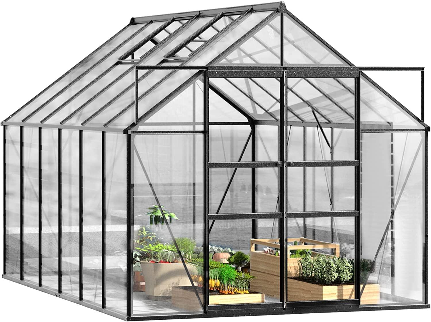 8'x12' Polycarbonate Greenhouse 2 Sliding Doors 2 Vents Window Walk-in Greenhouse for Outdoor - Bosonshop