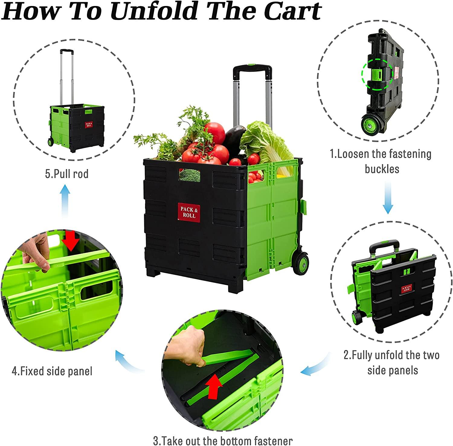44L Medium Folding Rolling Utility Shopping Cart, Black & Green - Bosonshop