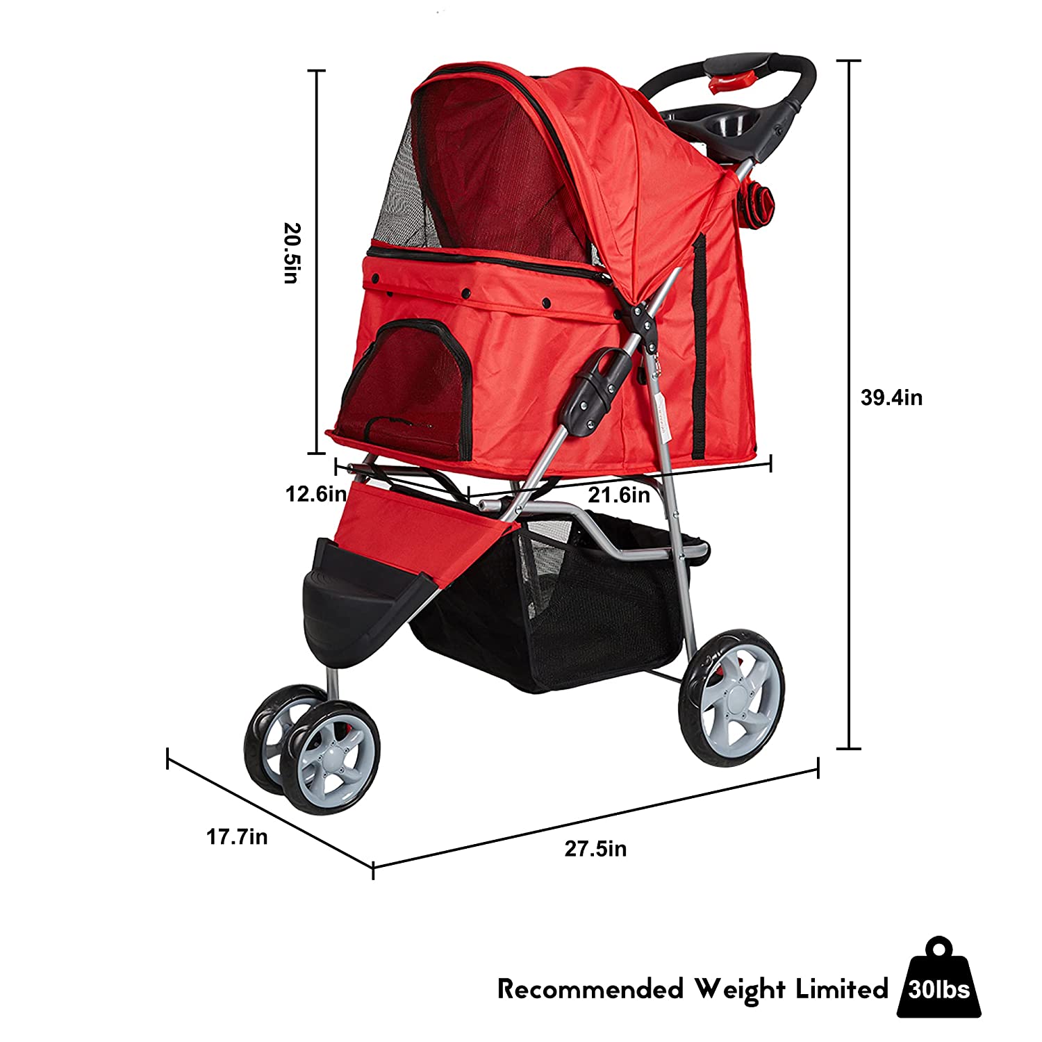 3 Wheels Pet Stroller for Dog Cat Small Animal Folding Walk Jogger Travel Carrier Cart, Red - Bosonshop
