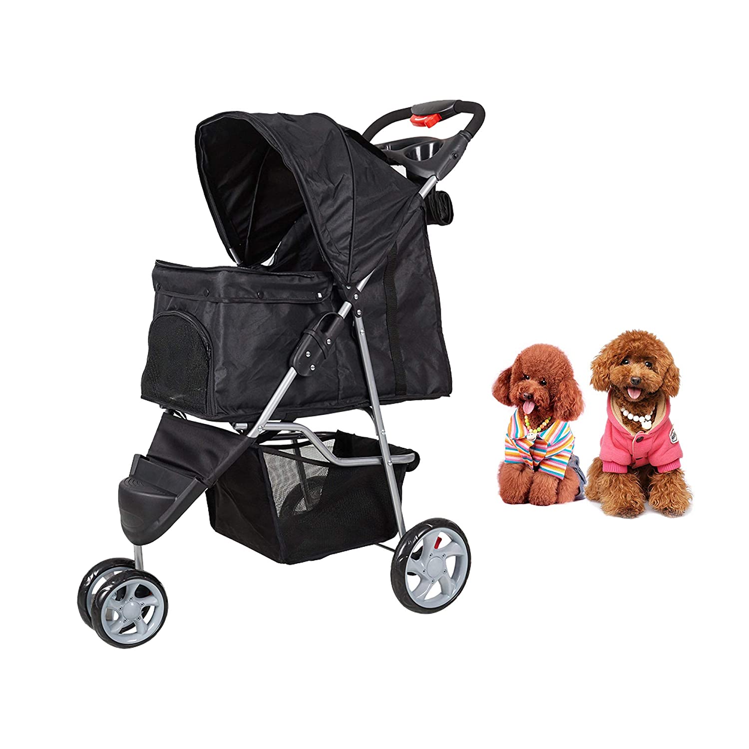 (Out of Stock) Pet Stroller for Dog Cat Small Animal Folding Walk Jogger Travel Carrier Cart with Three Wheels, Black - Bosonshop
