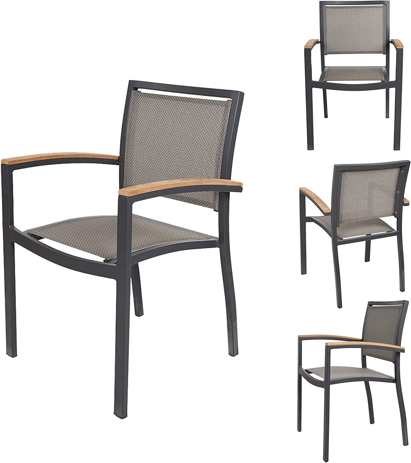 Outdoor Patio Dining Chairs with Teak Armrest,Textilene Mesh Fabric Aluminum Frame, Gray - Bosonshop