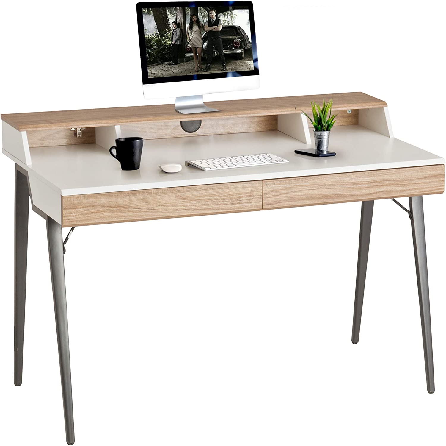 (Out of Stock) 47" Computer Desk with Monitor Shelf Home Office Desk with Drawers & Storage White Wood Small Writing Table Study - Bosonshop