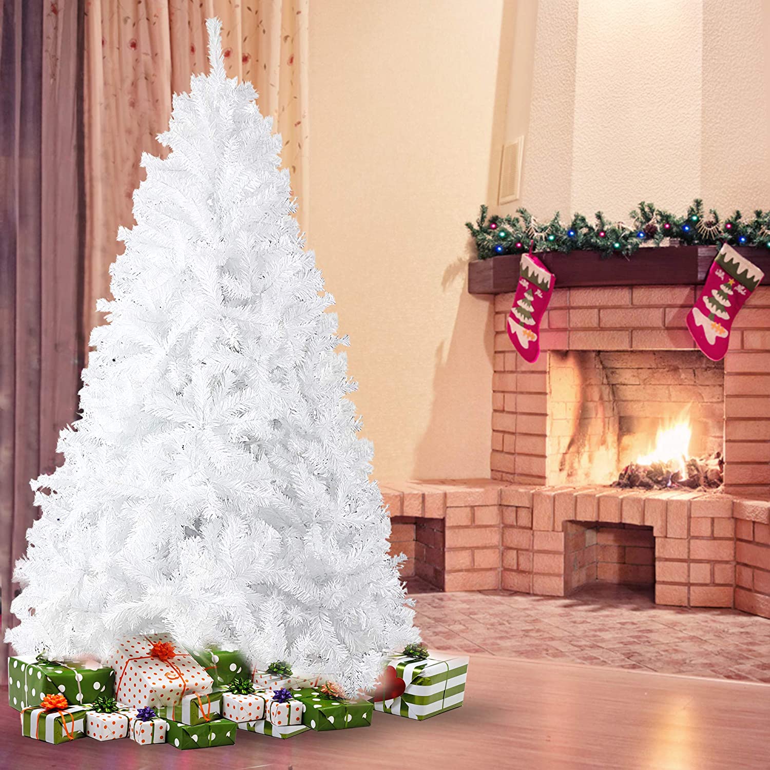 7' High Christmas Tree 1000 Tips Decorate Pine Tree with Metal Legs White & Decorations - Bosonshop