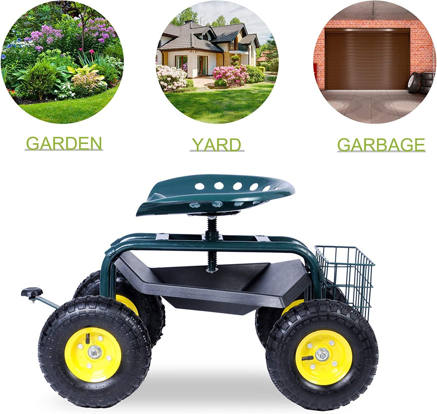 Garden Cart Wagon Scooter Rolling Yard Work Seat with Tool Tray and 360 Swivel Seat - Bosonshop