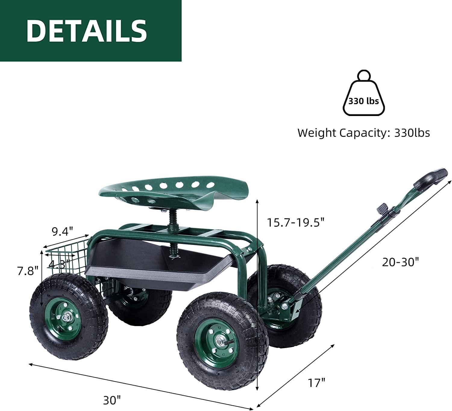 Rolling Garden Cart Wagon Scooter Lawn Yard Patio Work Seat with Tool Tray & 360 Swivel Work Seat - Bosonshop