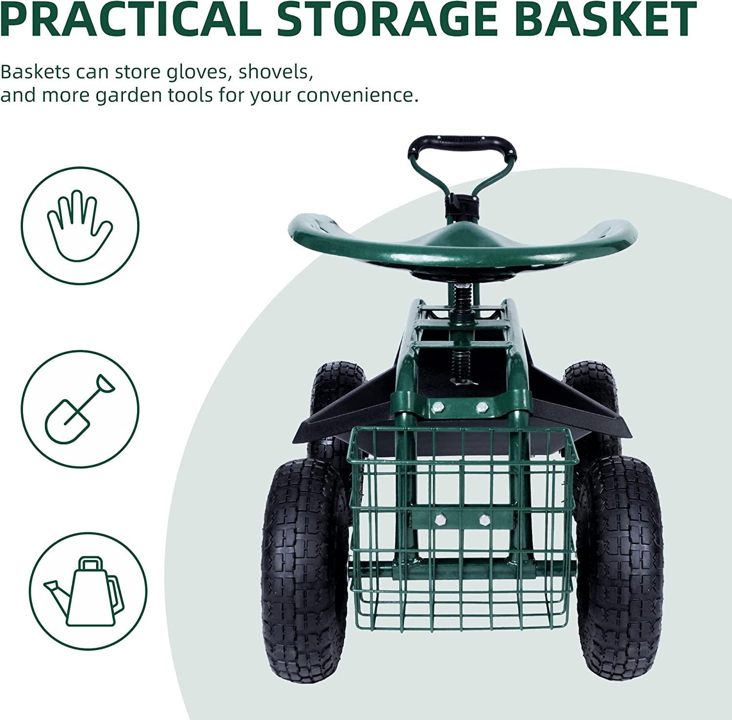 Rolling Garden Cart Wagon Scooter Lawn Yard Patio Work Seat with Tool Tray & 360 Swivel Work Seat - Bosonshop