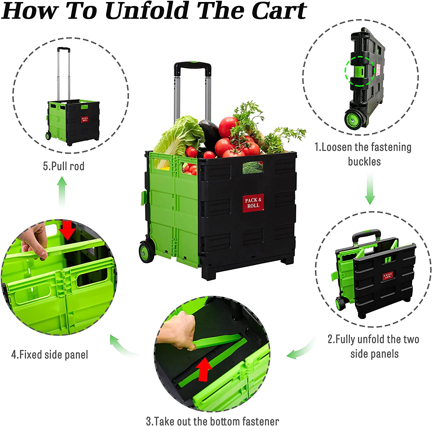 Folding Portable Rolling Utility Shopping Cart Crate with Telescopic Handle (Green, Large) - Bosonshop