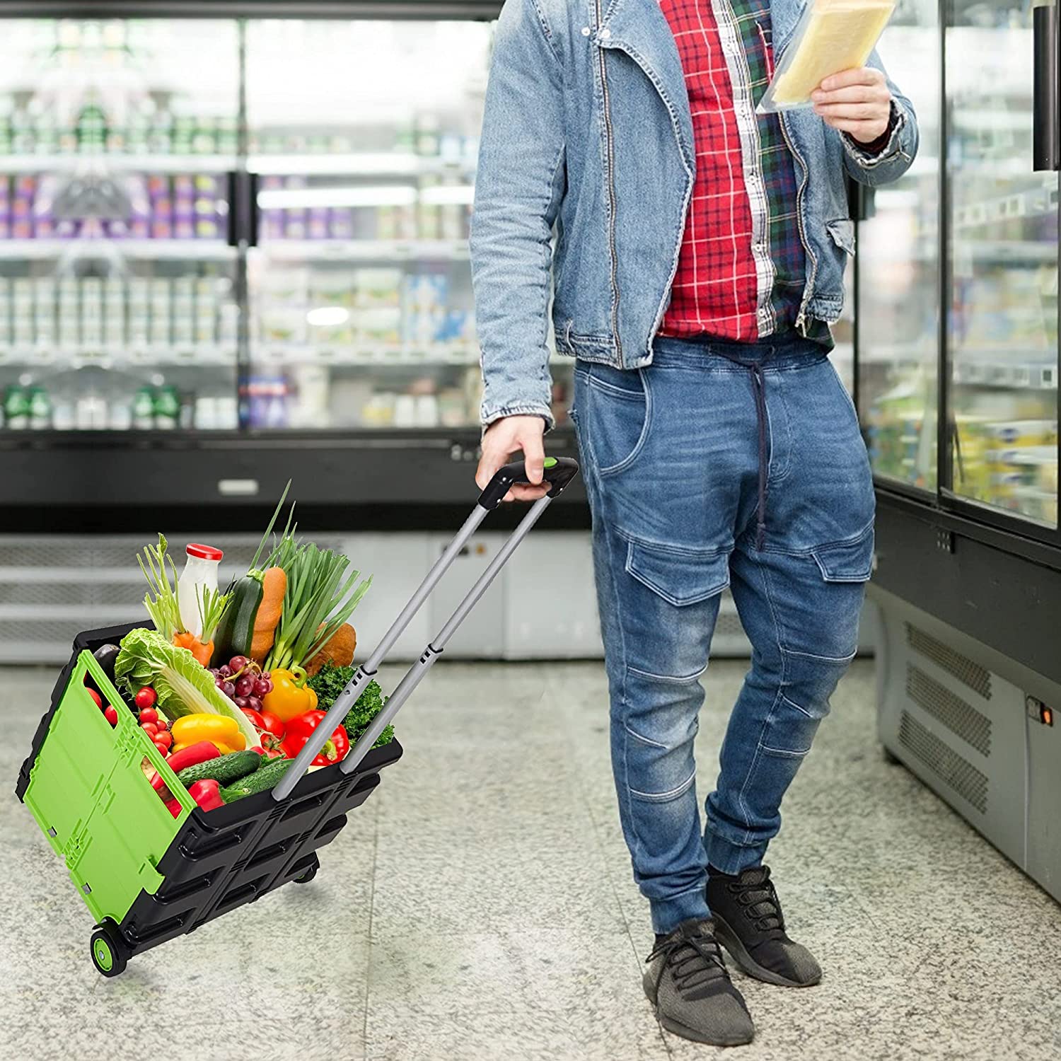 Folding Portable Rolling Utility Shopping Cart Crate with Telescopic Handle (Green, Large) - Bosonshop