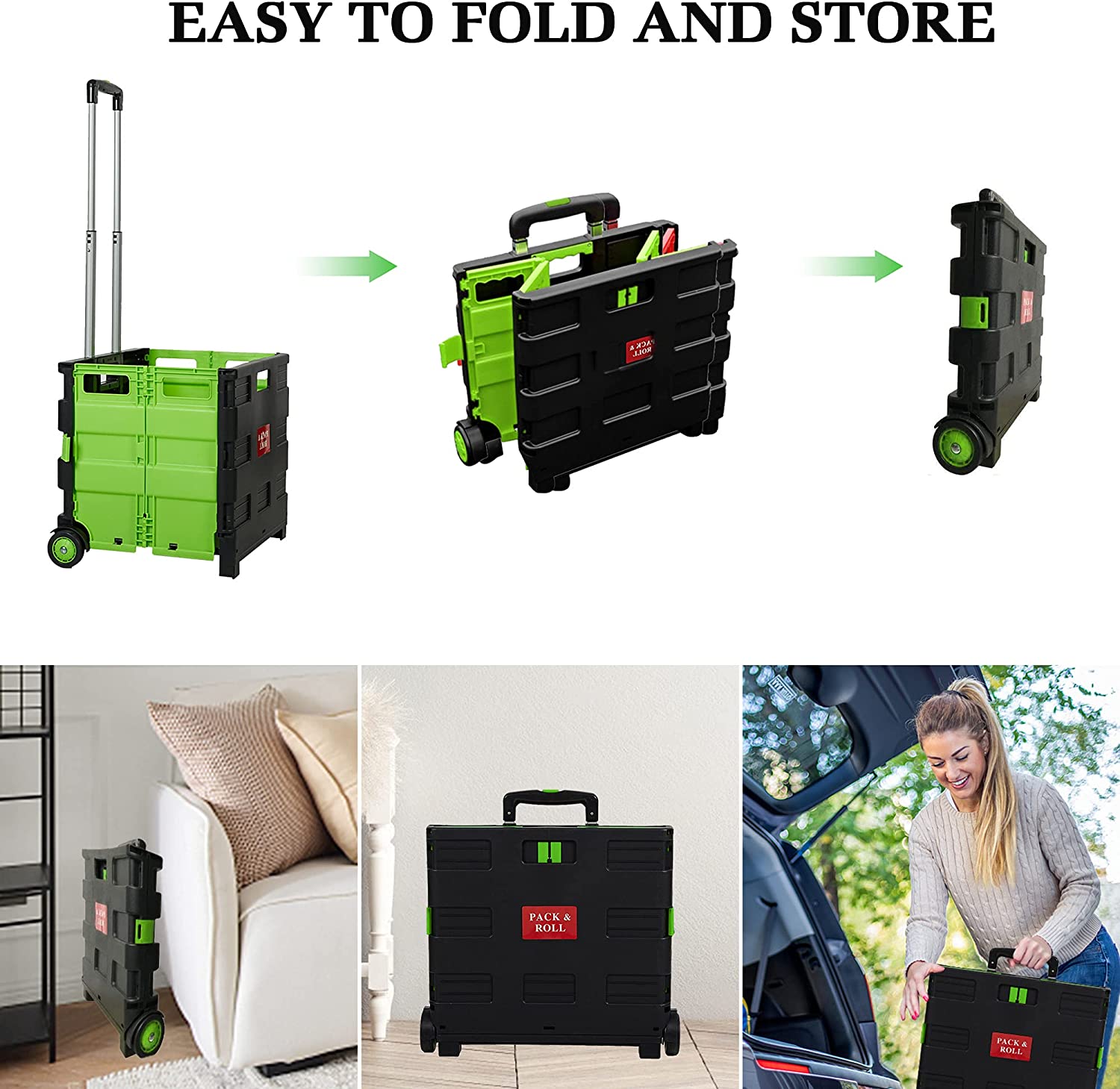 Folding Portable Rolling Utility Shopping Cart Crate with Telescopic Handle (Green, Large) - Bosonshop