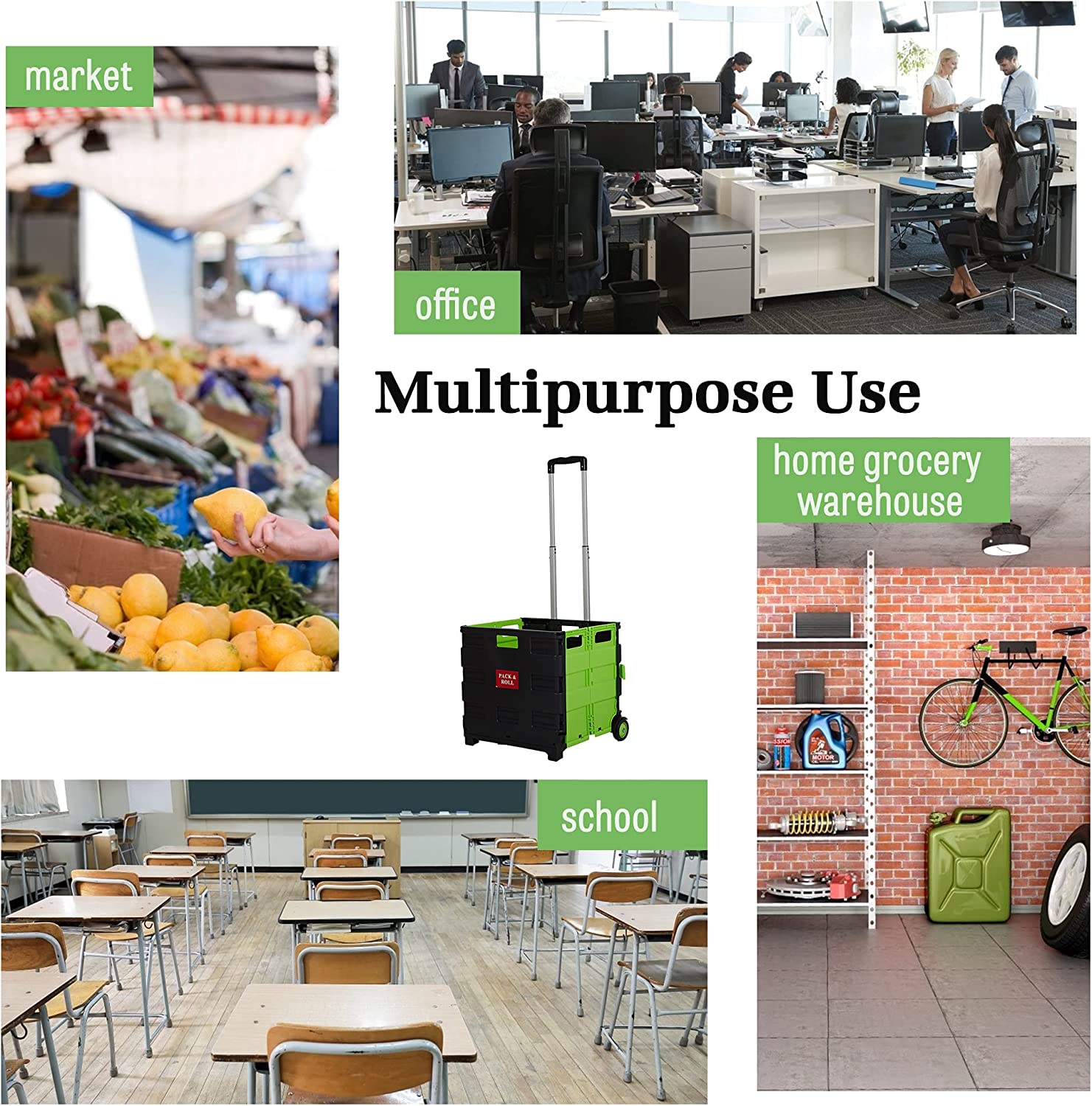 Folding Portable Rolling Utility Shopping Cart Crate with Telescopic Handle (Green, Large) - Bosonshop