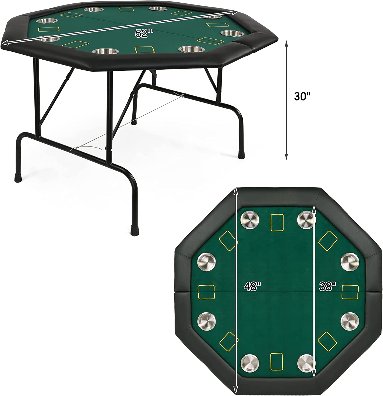48" Octagon 8-Player Foldable Poker Table Texas Casino Table with Stainless Steel Cup Holder - Bosonshop