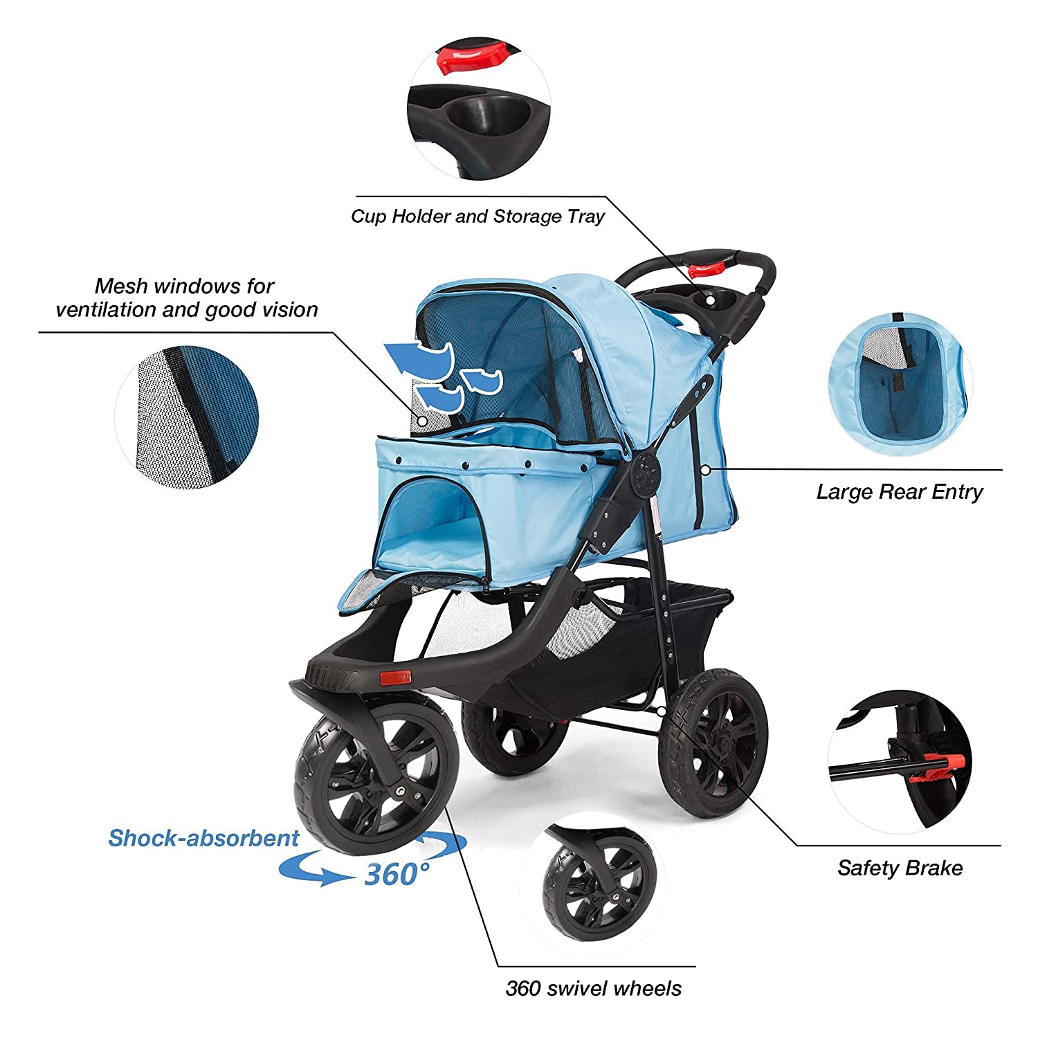 3-Wheels pet Stroller, Foldable Jogger Pet Stroller with Storage Basket - Bosonshop