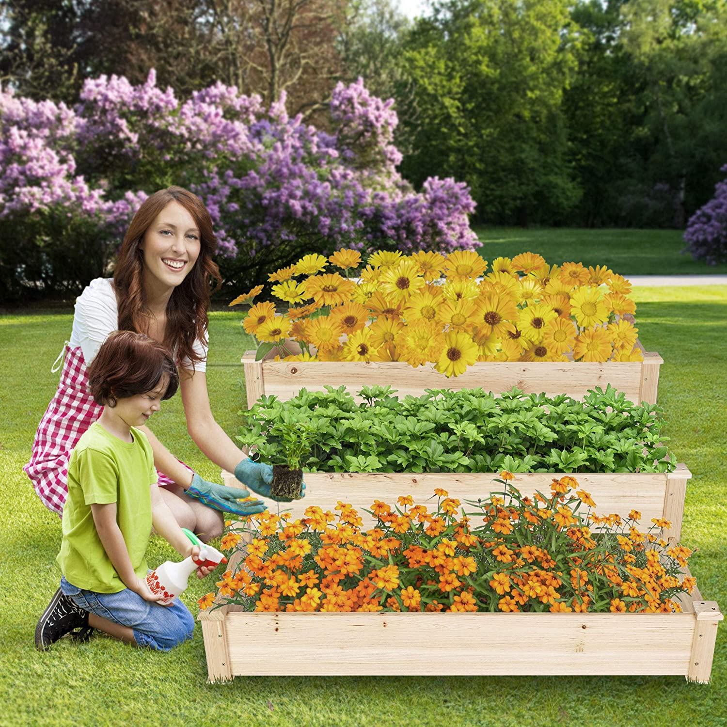 Wooden Raised Vegetable Garden Bed 3 Tier Elevated Planter Kit Outdoor Gardening - Bosonshop