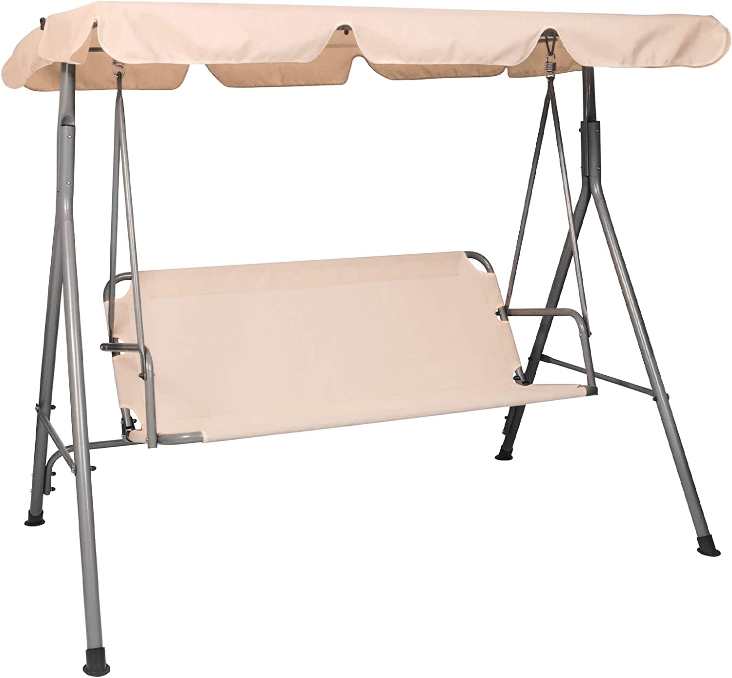 3-Seat Outdoor Patio Swing Chair Adjustable Canopy & Anti-Slip Padded Feets, Beige - Bosonshop