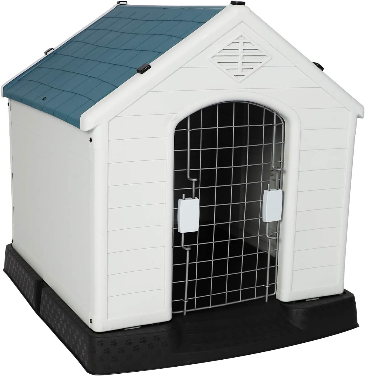 Plastic Outdoor Dog House with Door 24.8" Height Weatherproof Puppy Kennel Resistant Pet Crate with Elevated Floor Air Vents, Small - Bosonshop