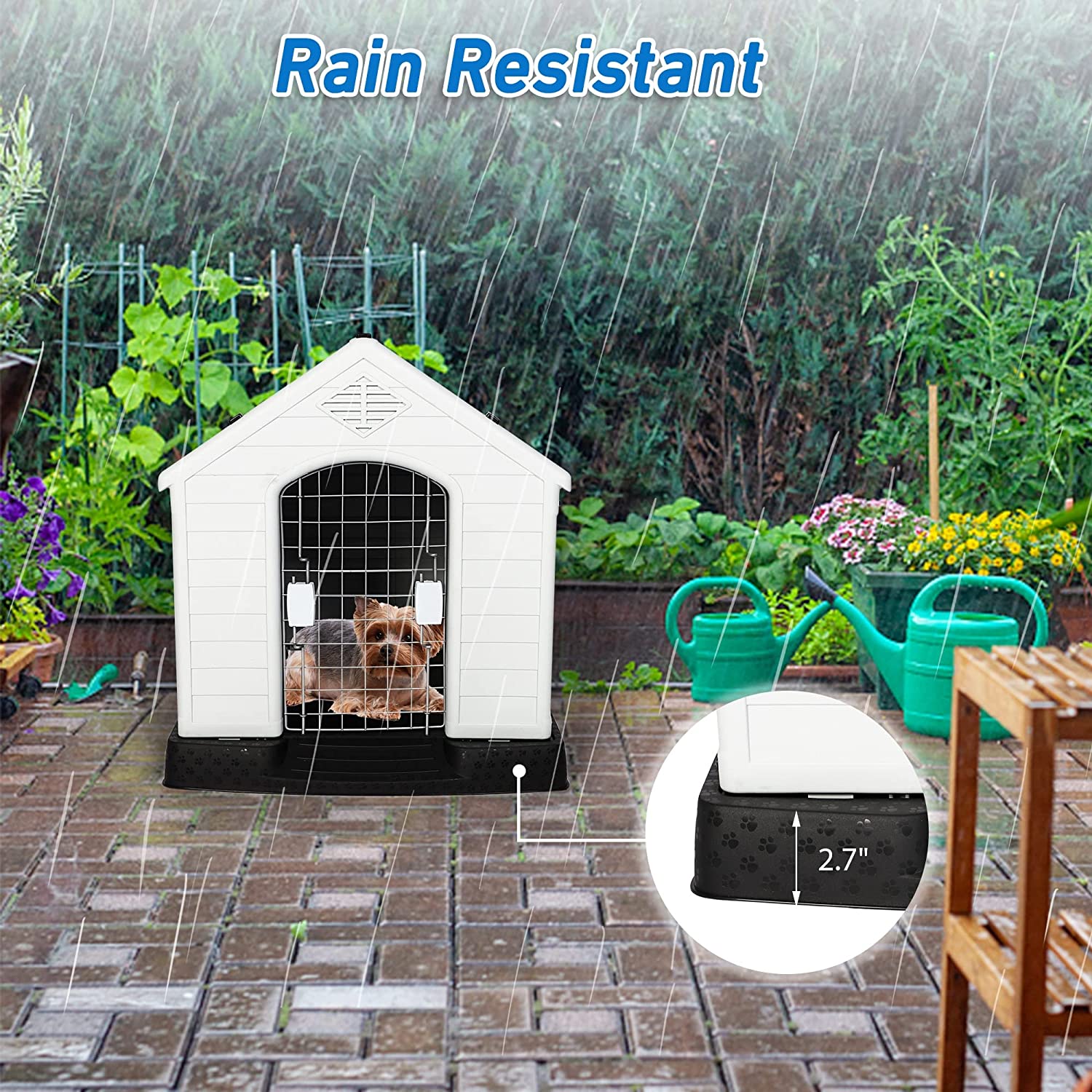Plastic Outdoor Dog House with Door 24.8" Height Weatherproof Puppy Kennel Resistant Pet Crate with Elevated Floor Air Vents, Small - Bosonshop