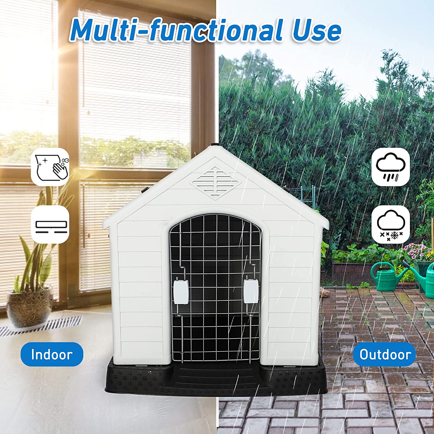 Plastic Outdoor Dog House with Door 24.8" Height Weatherproof Puppy Kennel Resistant Pet Crate with Elevated Floor Air Vents, Small - Bosonshop