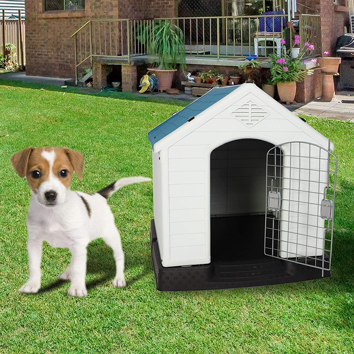 Plastic Outdoor Dog House with Door 24.8" Height Weatherproof Puppy Kennel Resistant Pet Crate with Elevated Floor Air Vents, Small - Bosonshop