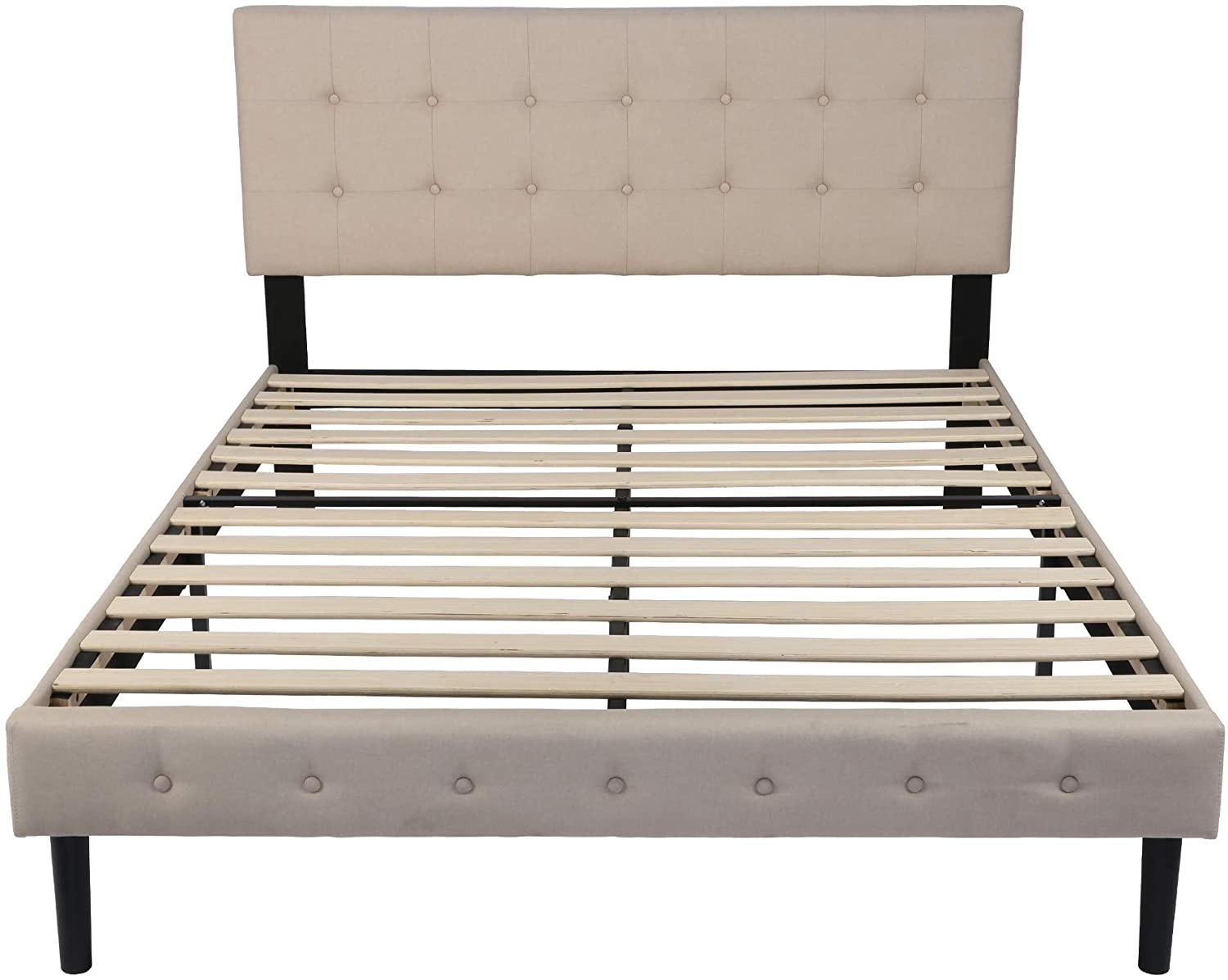 Queen Platform Bed, Fabric Upholstered Queen Bed Frame with Solid Wooden Slat Support and Headboard - Bosonshop